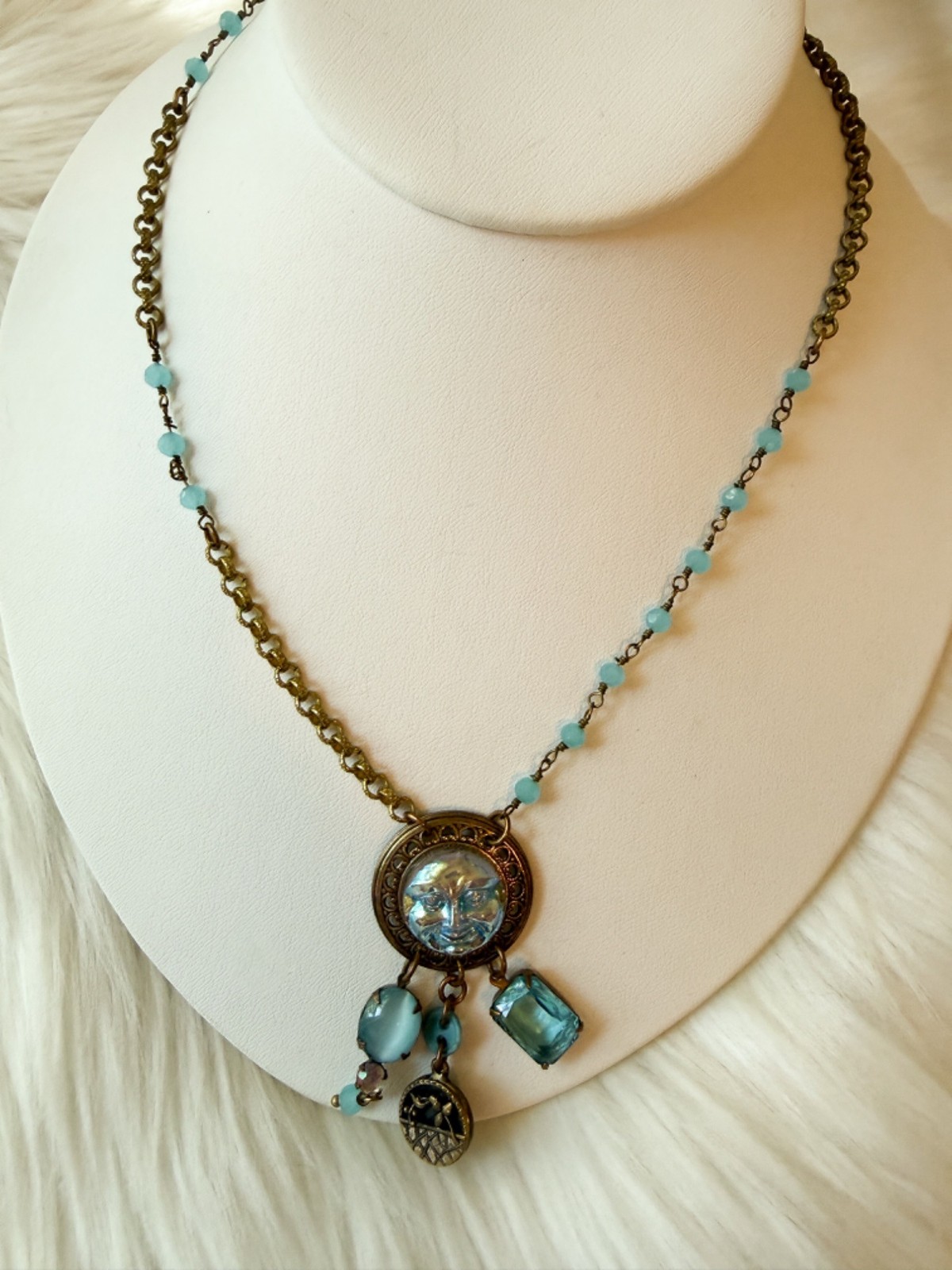 Grandmother’s Buttons Art Glass Necklace Moon Face Vintage Blue Bead Brass Chain