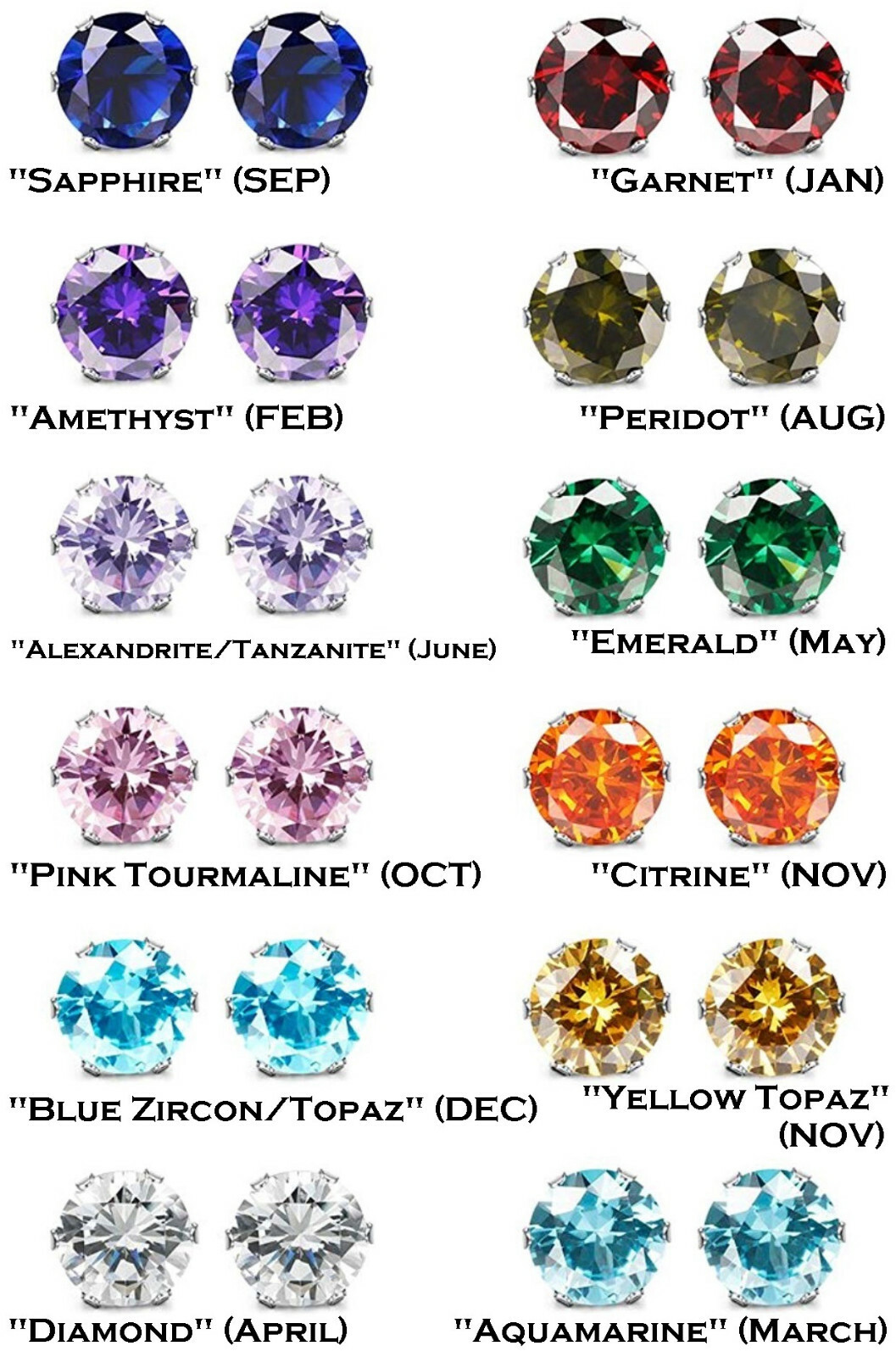 CZ Birthstone Stud Earrings, 3/4/5/6/7/8mm, Hypoallergenic Stainless Steel 316L