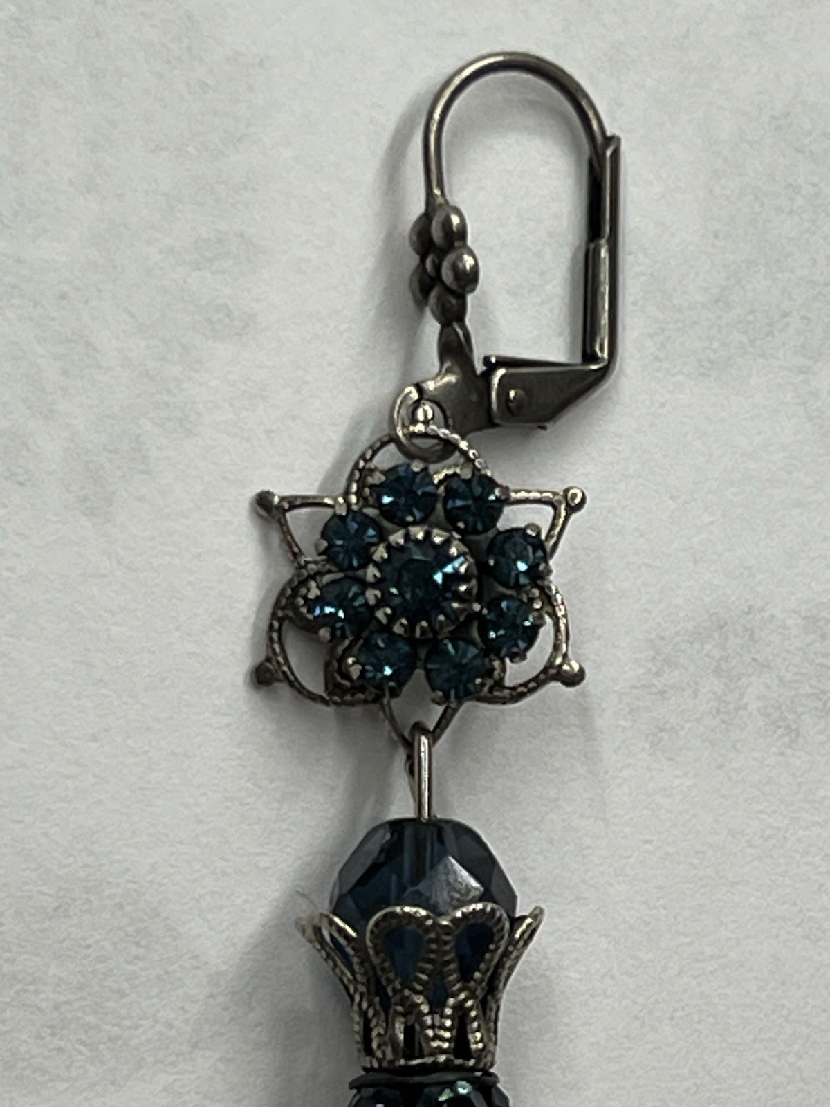 Blue Crystal Flower Dangle Drop Leverback Earrings Silver Tone Metal