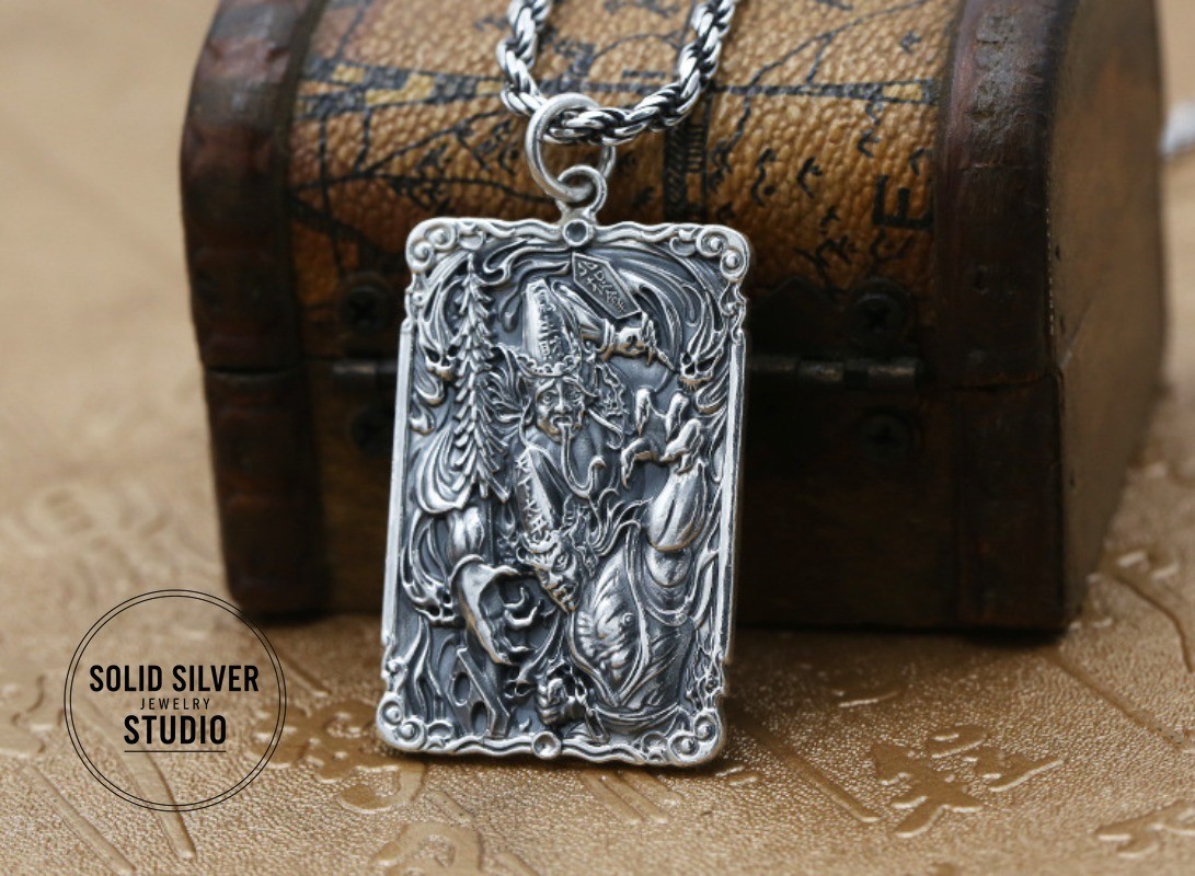 HUGE S999 Pure Silver God of Wealth Pendant Taoist Amulet Good Fortune Talisman
