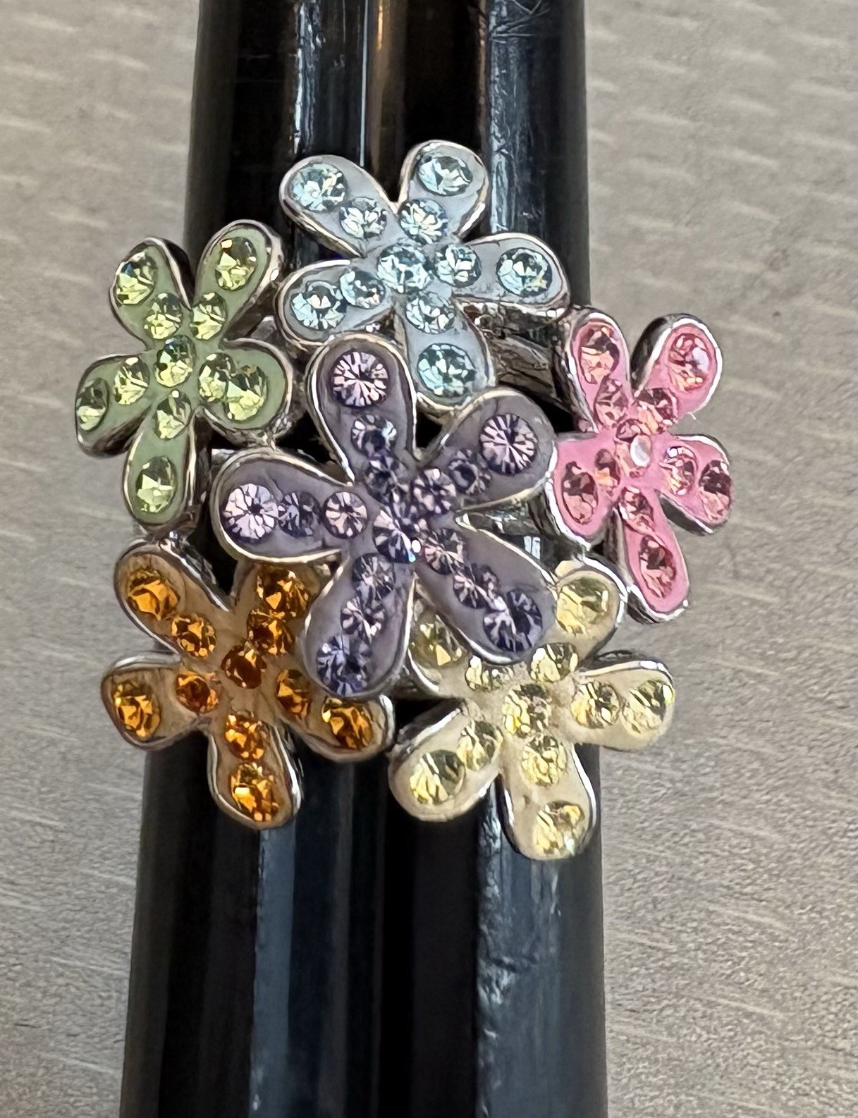 Dramatic Sterling Silver Multi Color Gem Enamel Flower Bouquet Ring 925 size 9.5