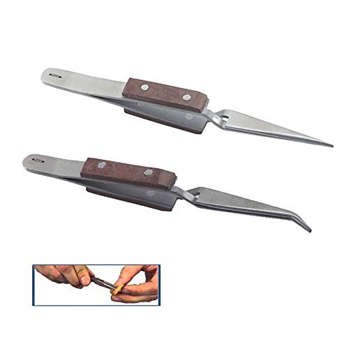 Cross Lock Tweezers Fiber Grip Tweezers Self Closing 4-1/2″ Bent & Straight Pair