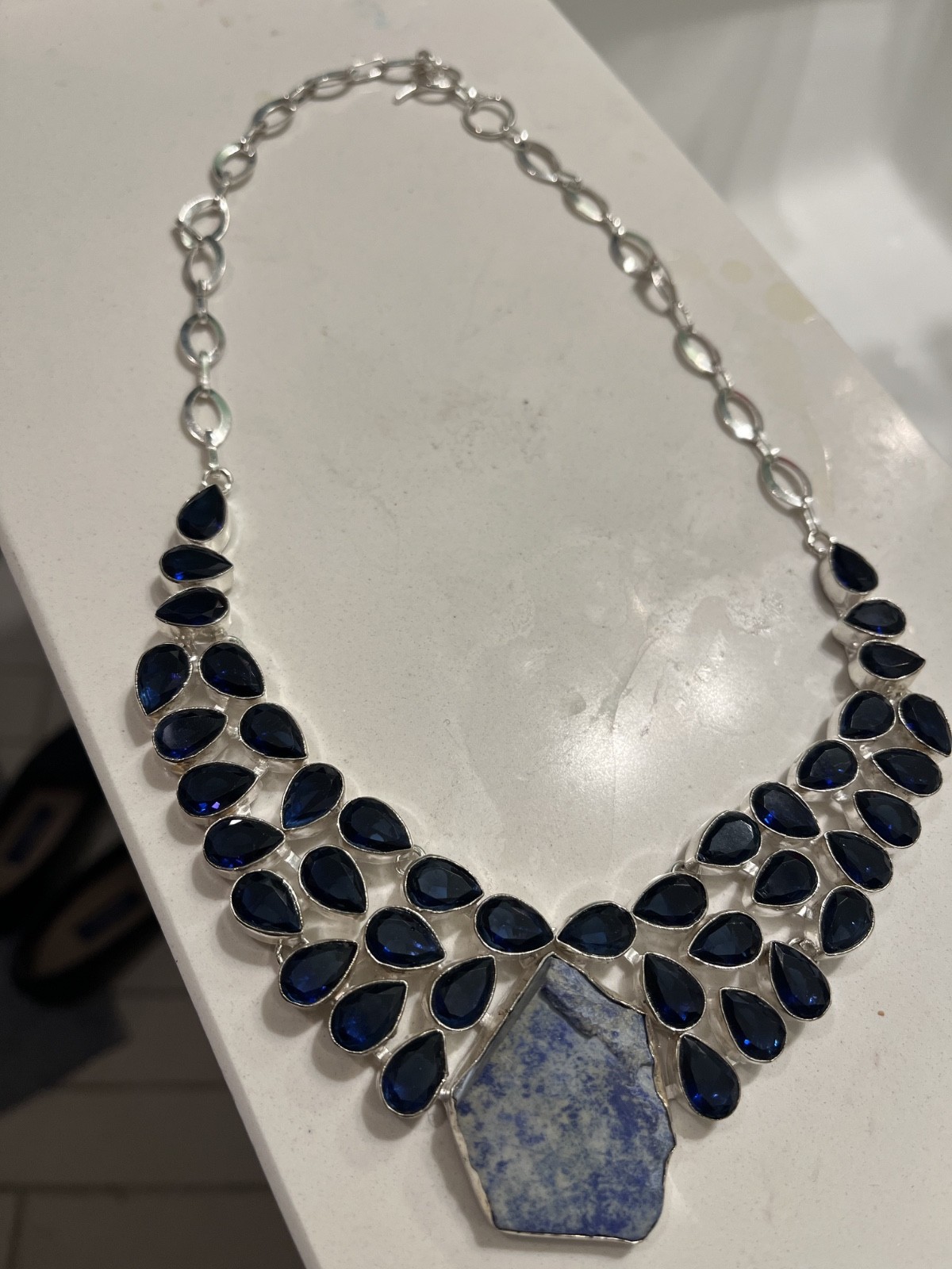 925 Sterling Silver Lapis Lazuli Blue Topaz Bib Statement Necklace Large Teardro
