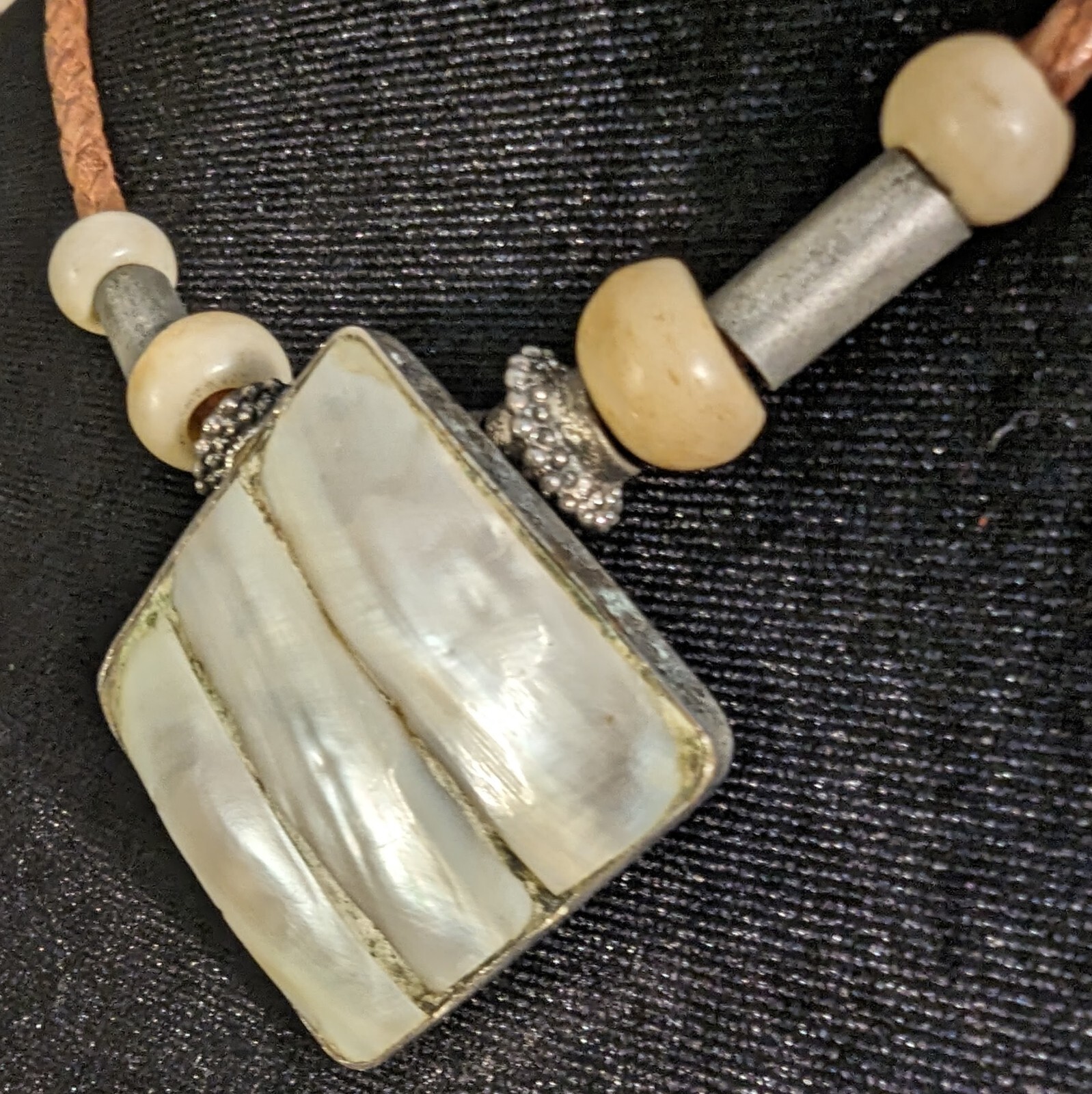 Artisan Braided Leather Cord Bone Beads Large Mother of Pearl Medallion Choker