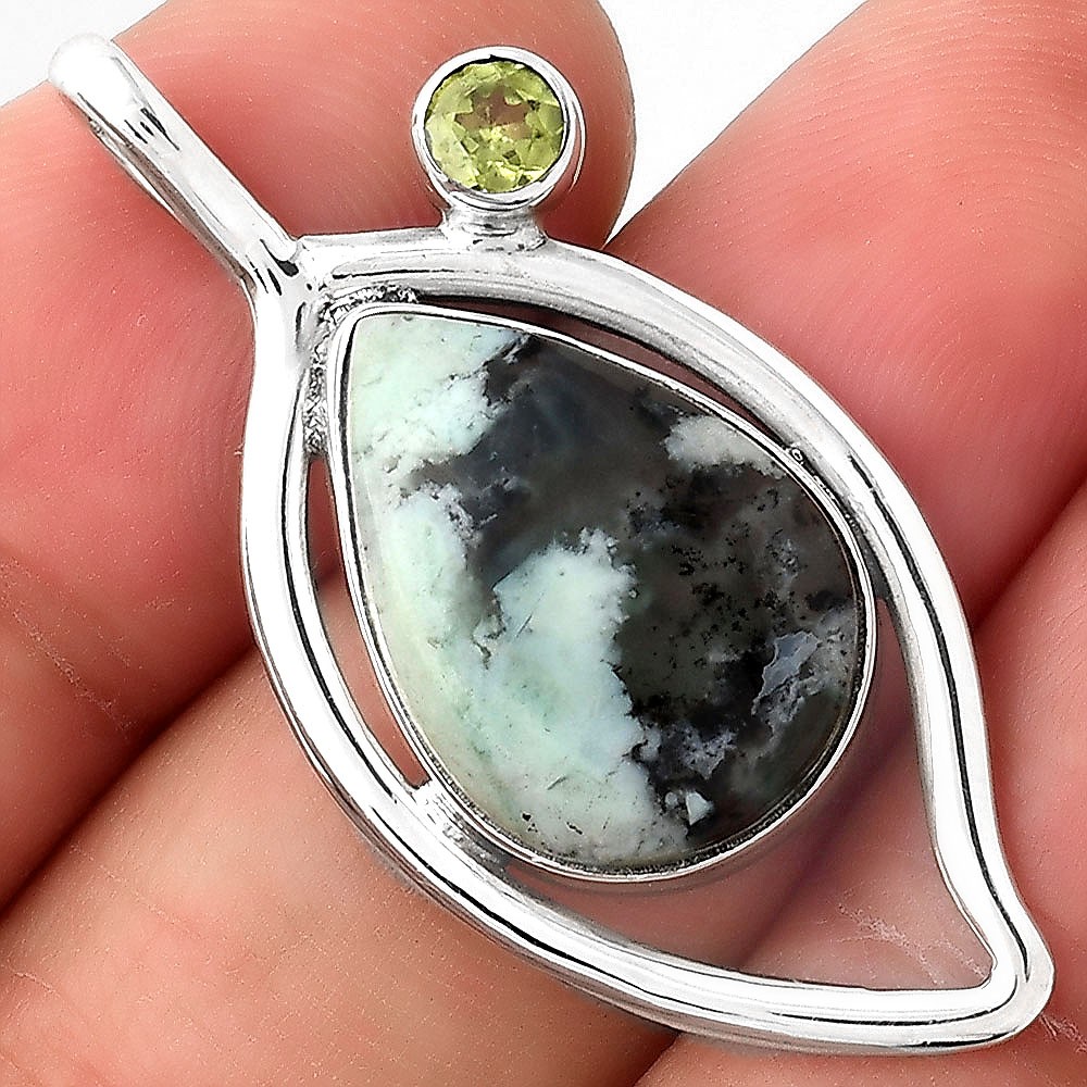 Dendritic Chrysoprase Africa and Peridot 925 Silver Pendant Jewelry P-1640