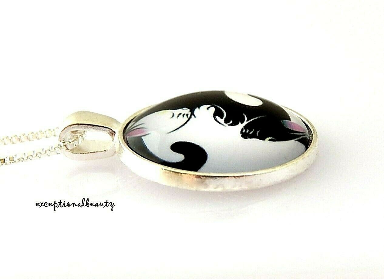 Yin Yang Black White Cats Domed Cabochon Glass Sterling Silver Chain Necklace