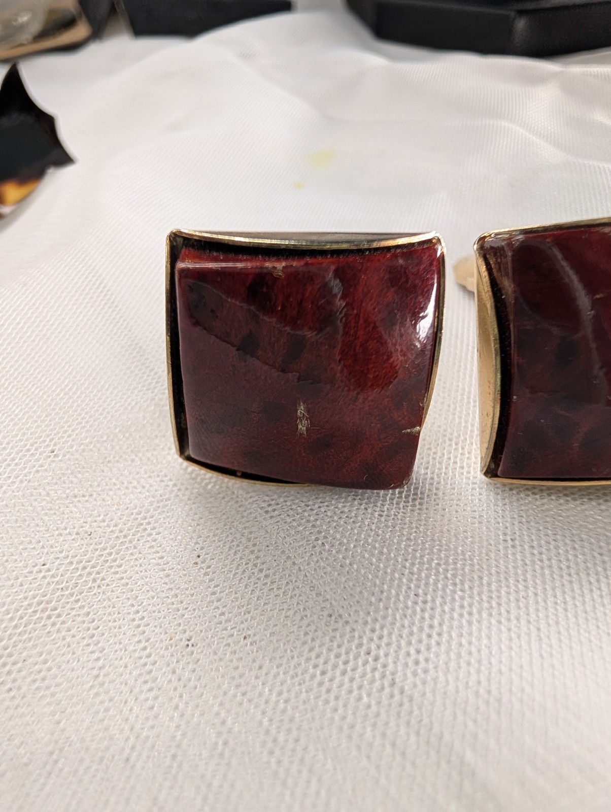 Vintage Cufflinks Lot 2 Pairs Red Stone Square & Faux Tortoiseshell Turtle Motif