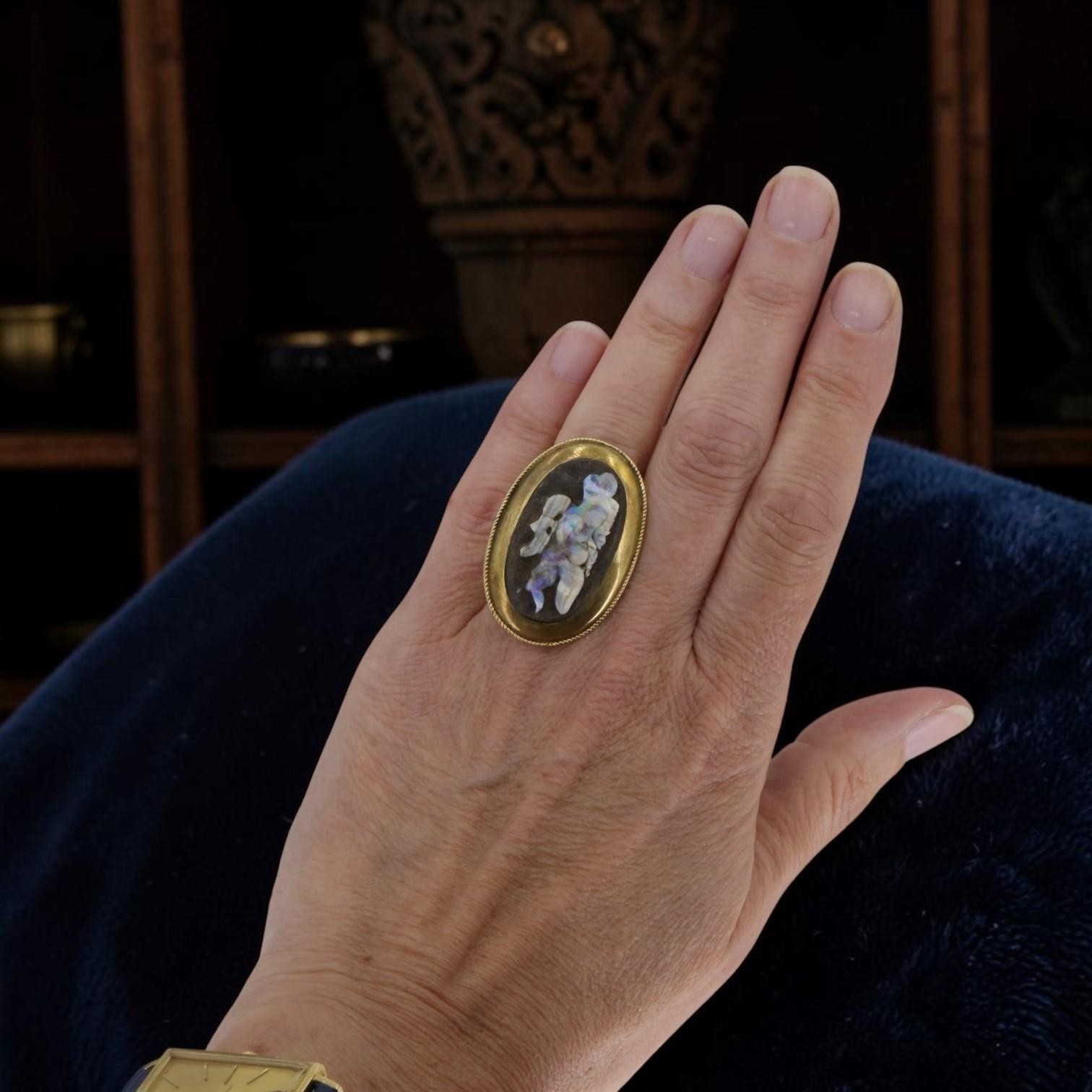 Antique Opal Cameo Ring | Carved Warrior Figure | Circa 1800s 14k Yellow Gold