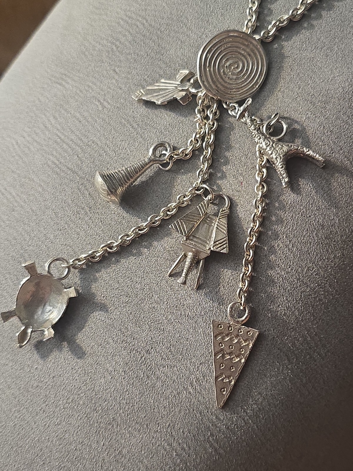 Susan Cummings sterling silver charm necklace African animals abstract tribal