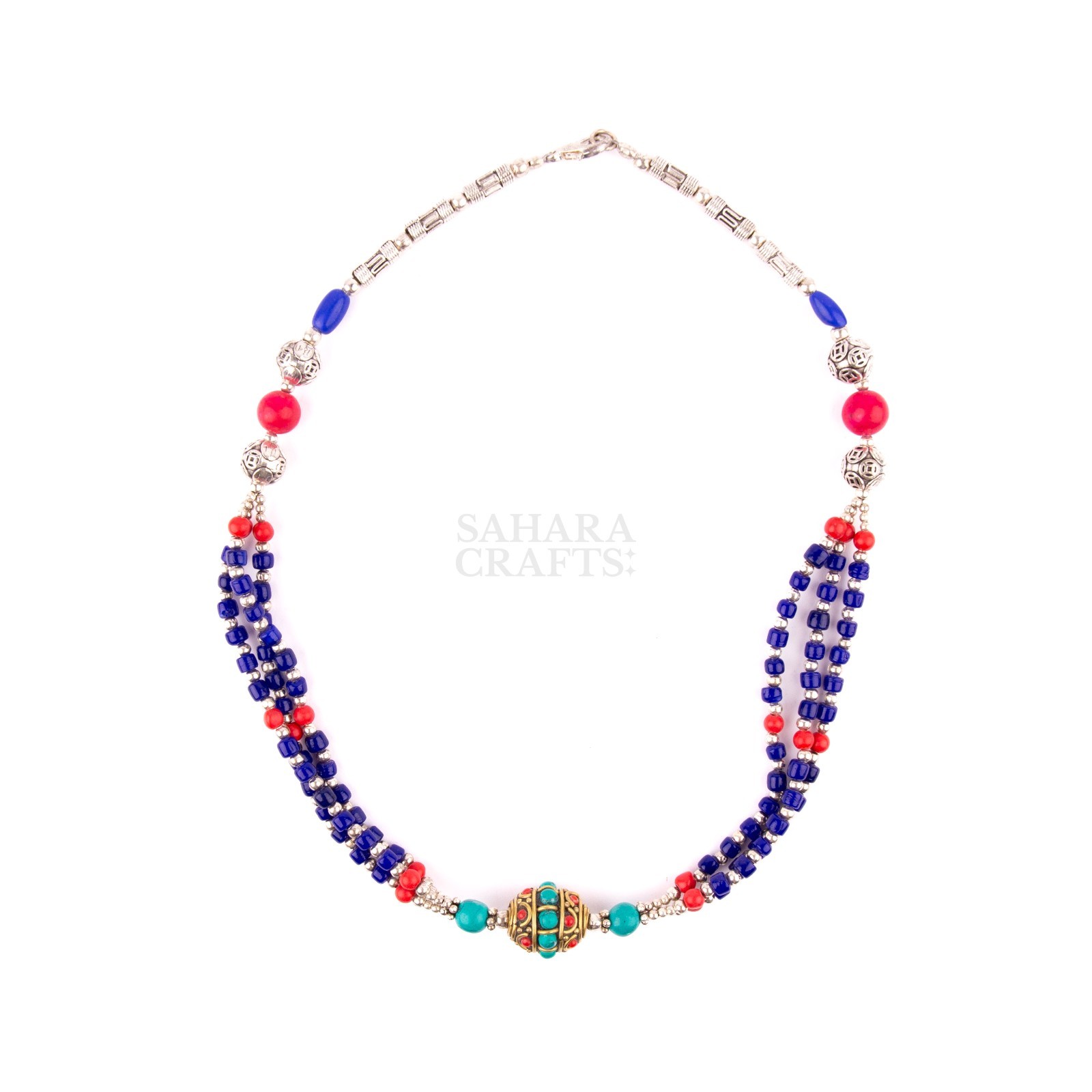 Tibetan Necklace Turquoise Coral Lapis Lazuli Beads, Handmade Ethnic Tribal