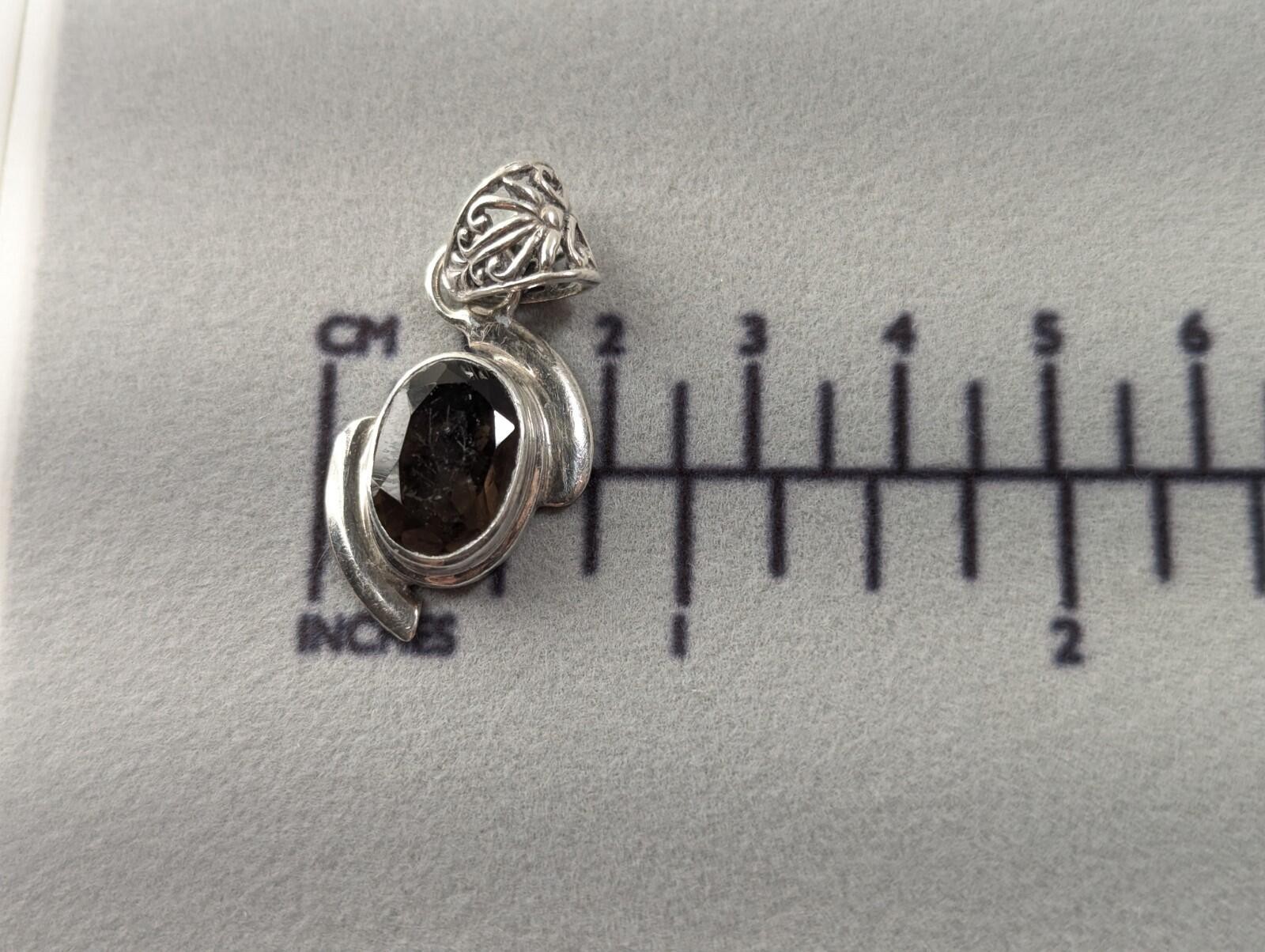 Sterling Silver 925 FNA Smoky Quartz Vintage Style Gemstone Pendant Charm 5.7gr