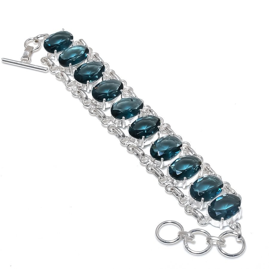 London Blue Topaz Gemstone Handmade 925 Sterling Silver Jewelry Bracelet Sz 7-8″