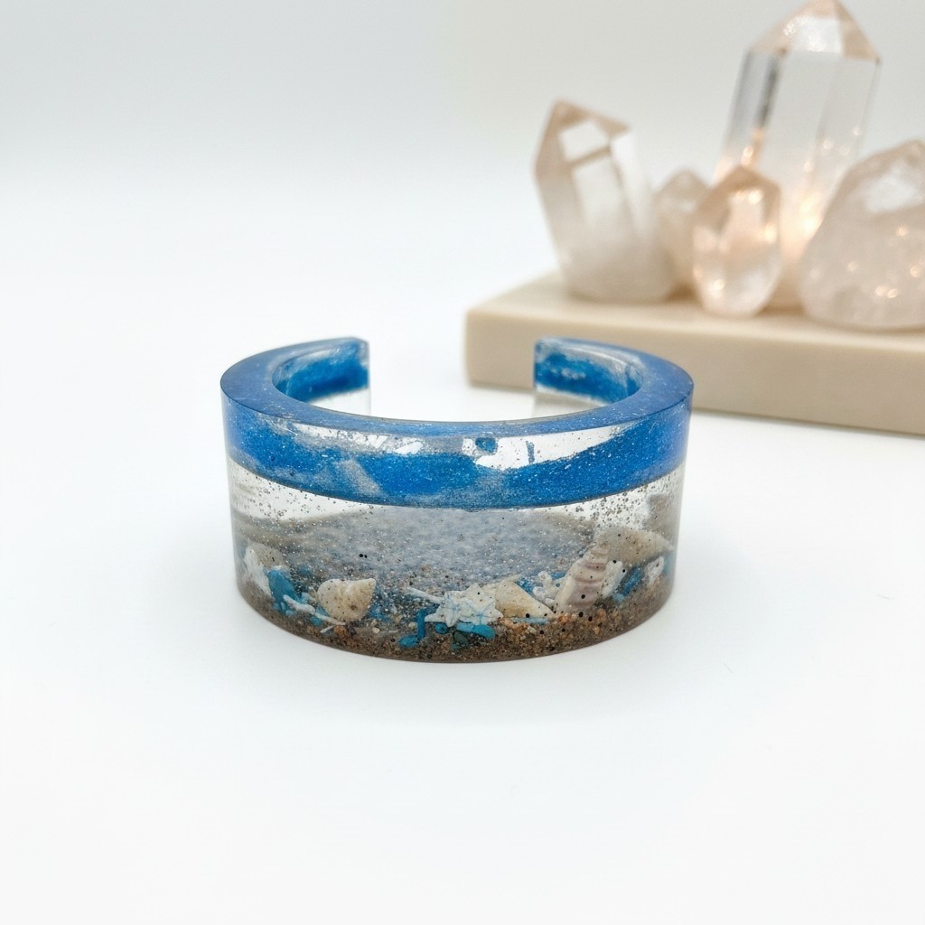 Ocean Scene Resin Wide Cuff Bracelet Artisan Made OOAK Wearable Art