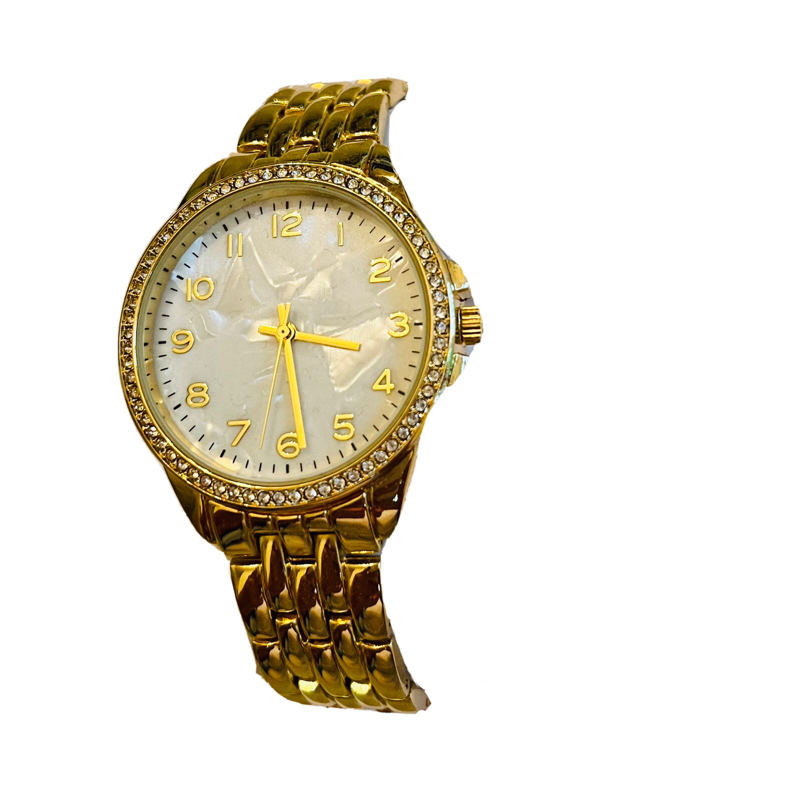 American Exchange Pavé Rhinestone Wristwatch Goldtone Mother Of Pearl Face