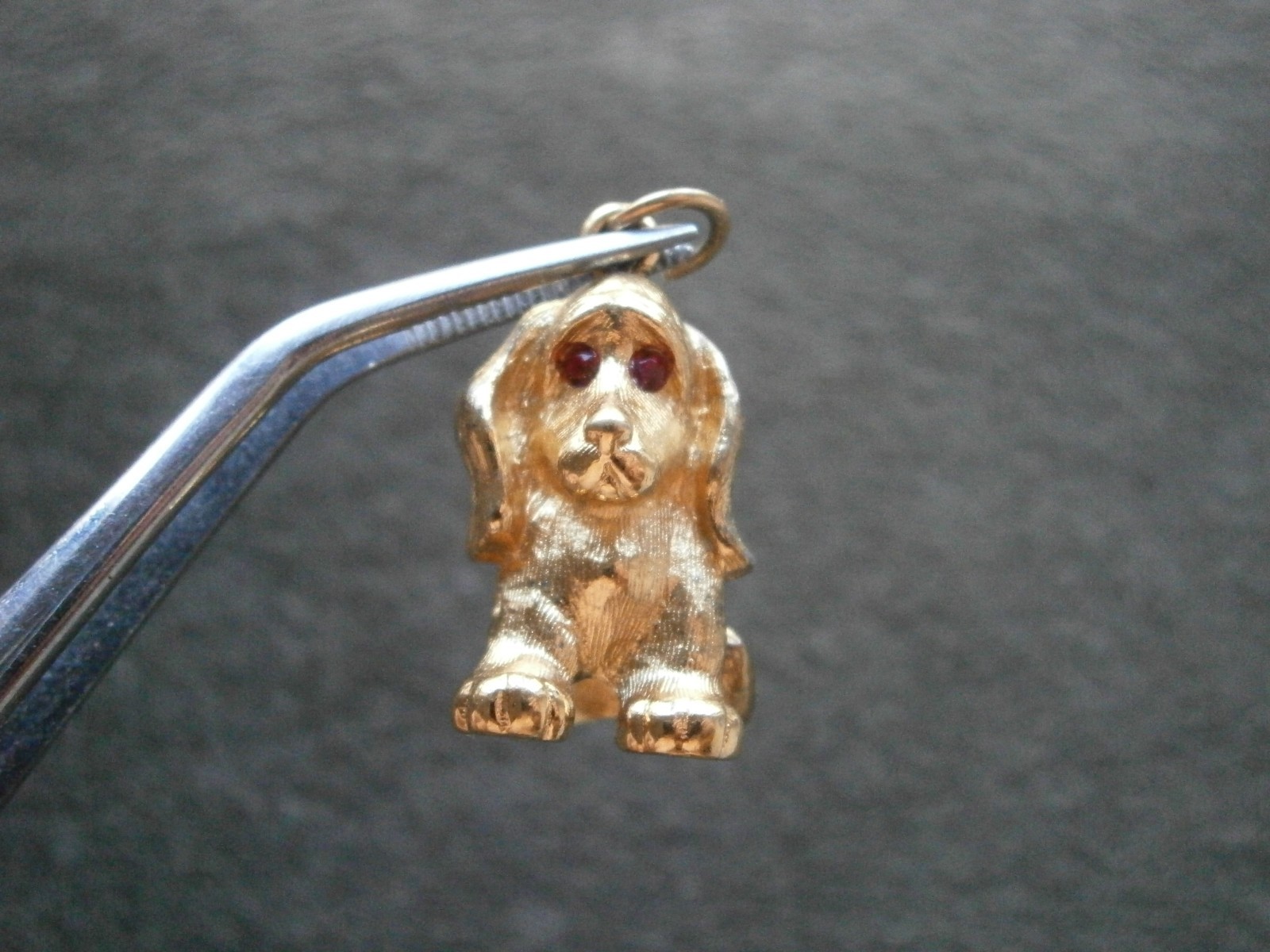 Monet Sitting Puppy Dog w/ Red Gem Eyes Vintage Goldtone Charm Pendant 7.1g FLAW