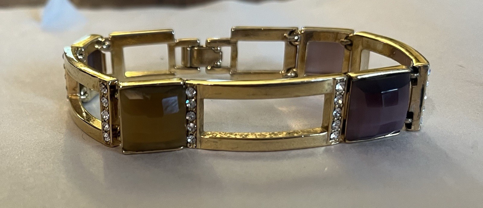 Gold Tone Bracelet Purple Brown Faceted Stones Rhinestone Accents