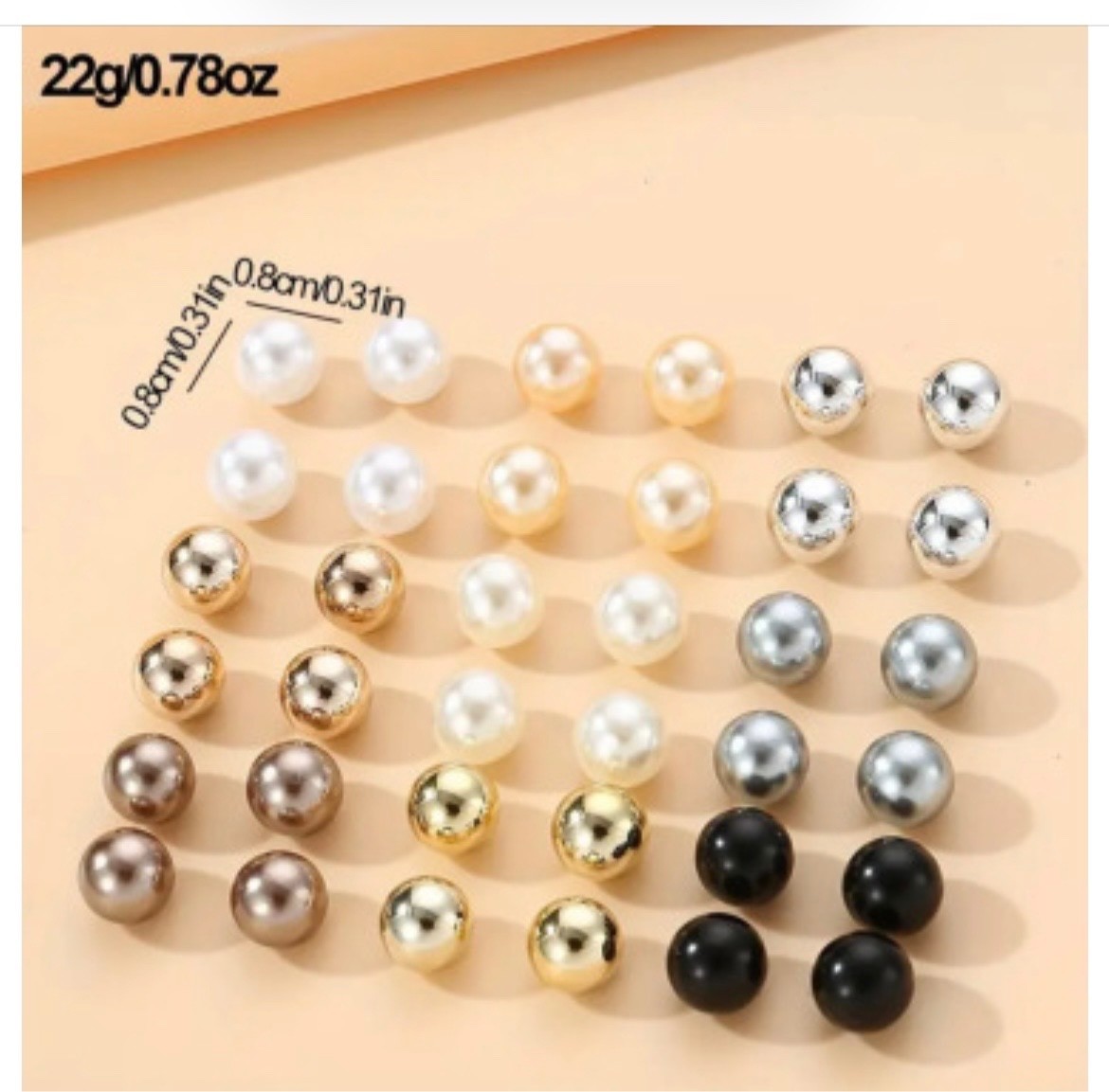 20 Pairs Pearl Ball Stud Earrings Set Gold Silver Black Round Minimalist Women J