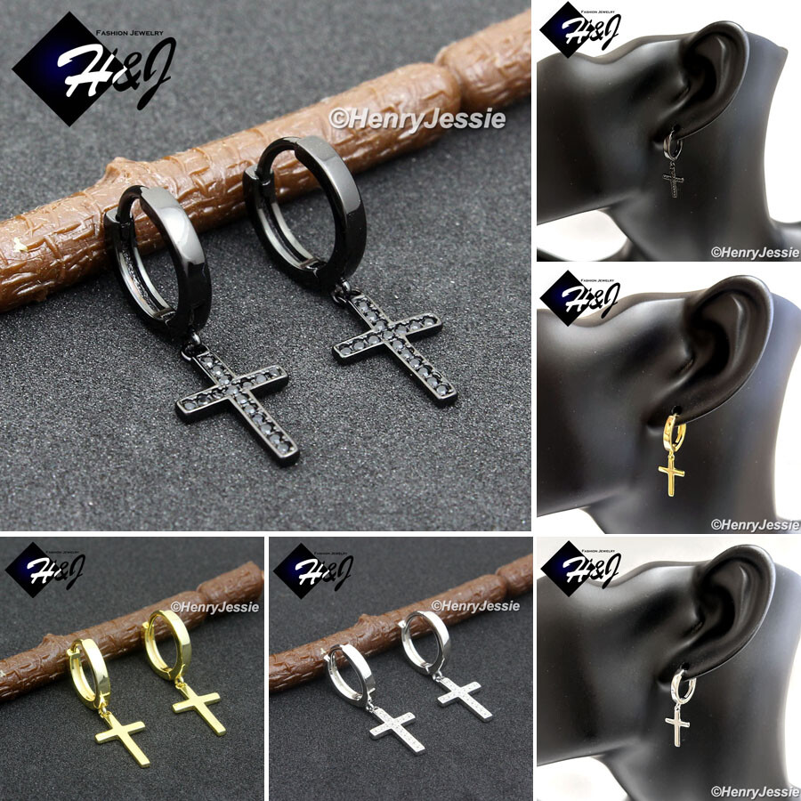 925 STERLING SILVER ICY CZ DANGLE CROSS GOLD/BLACK PLATED HUGGIE EARRING*E245