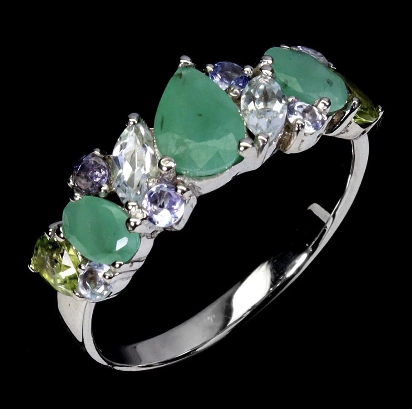 Unique! Natural Emerald, Tanzanite, Aquamarine & Peridot 14K Gold Ring Size 8