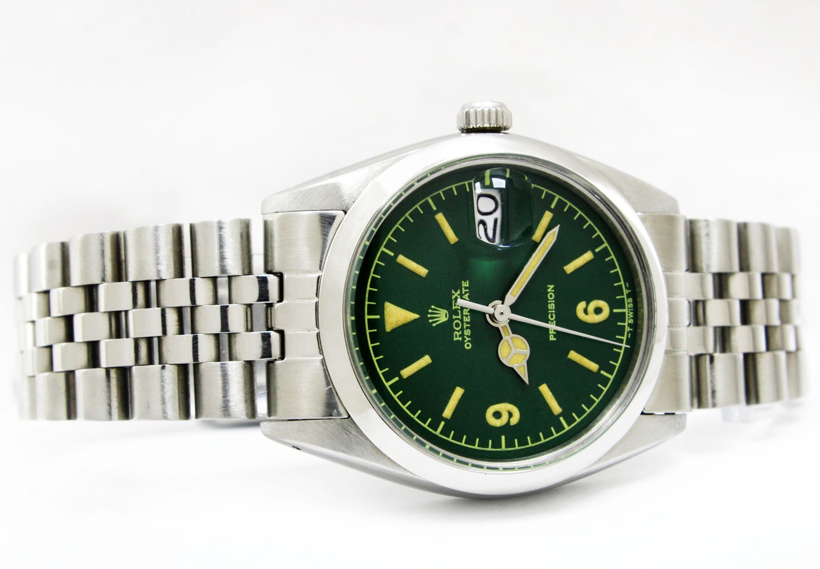 Vintage Rolex Oysterdate Precision Green Dial 34mm Men Steel Watch Ref 6694