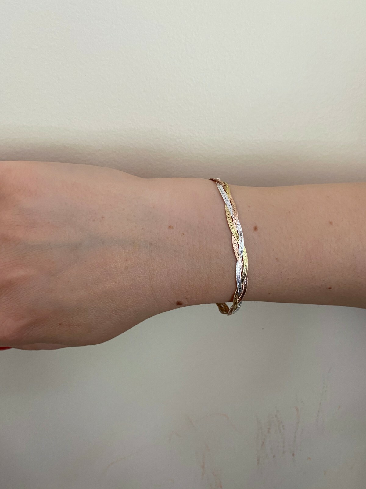 925 Silver TriColor Yellow Rose Gold Plated Twisted Braided Herringbone Bracelet