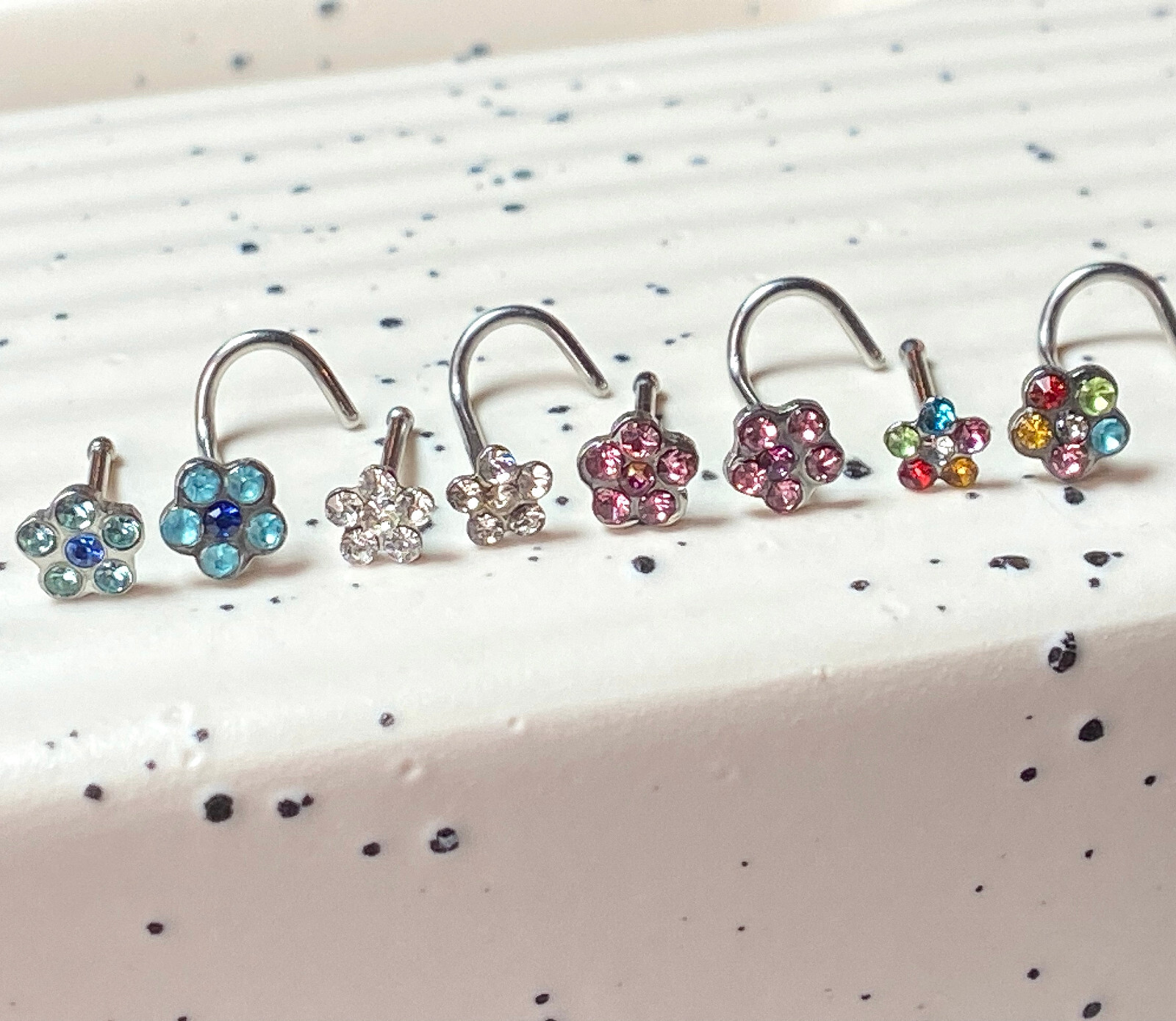 1pc Surgical Steel Nose Ring Gem Flower- choose color, 18g or 20g, Stud or Screw