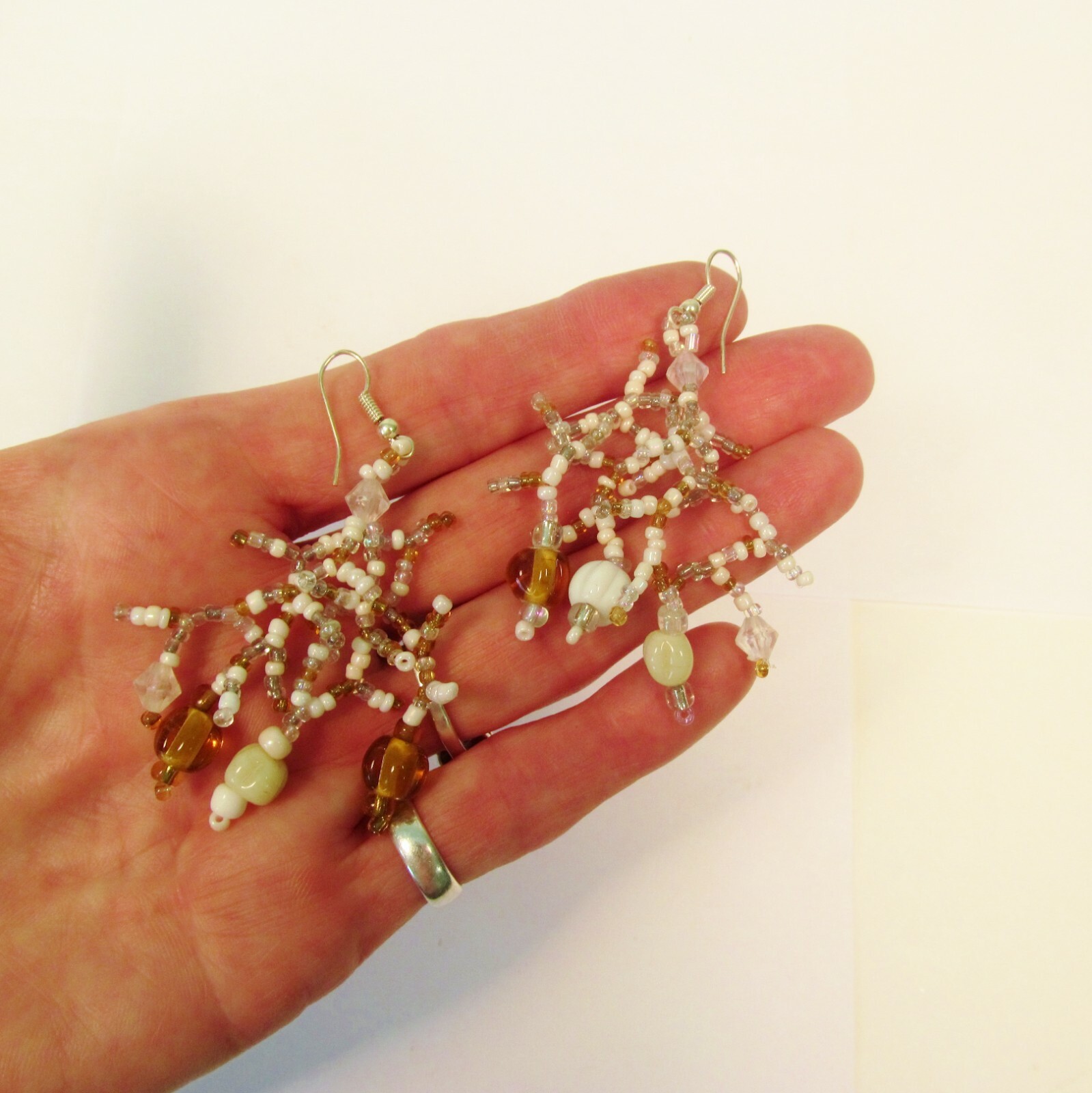 2″ White Gold Color Bohemian Mix Bead Handmade Dangle Seed Bead Earring