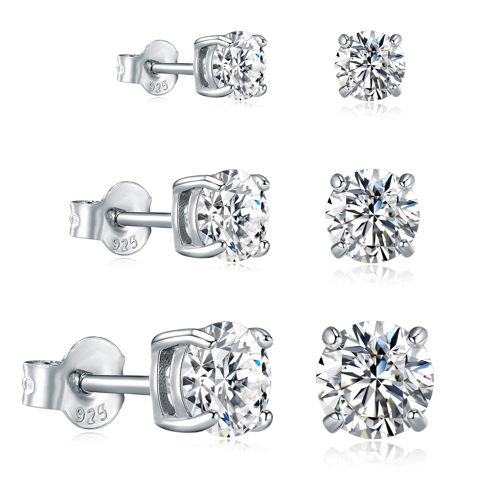 3 Pairs 18K White Gold Plated Created Moissanite Stud Earrings Set