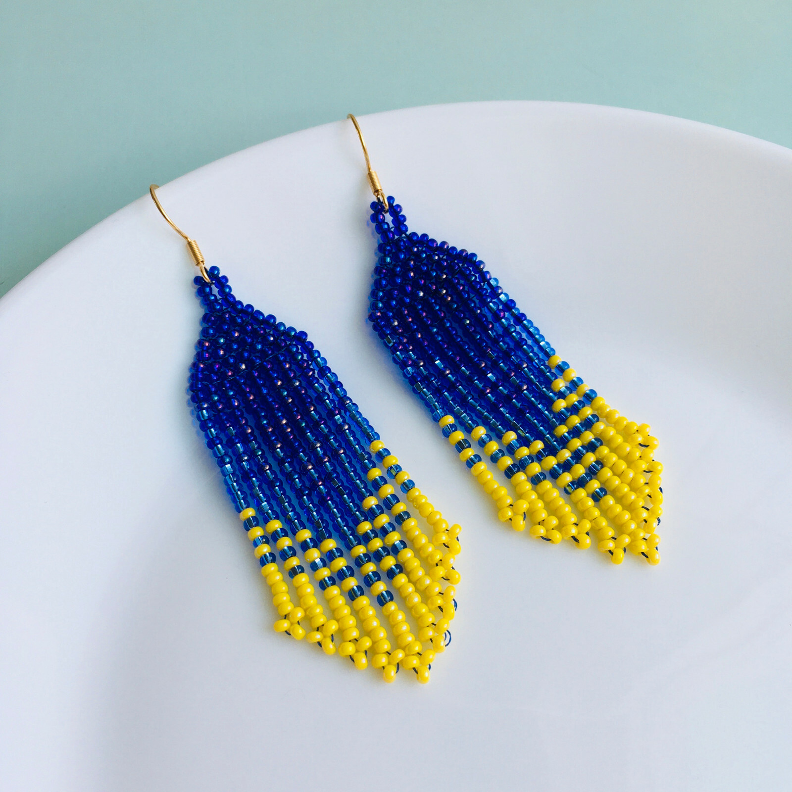 Ukraine beaded earrings, Gradient earrings, Ukrainian flag seed bead earrings
