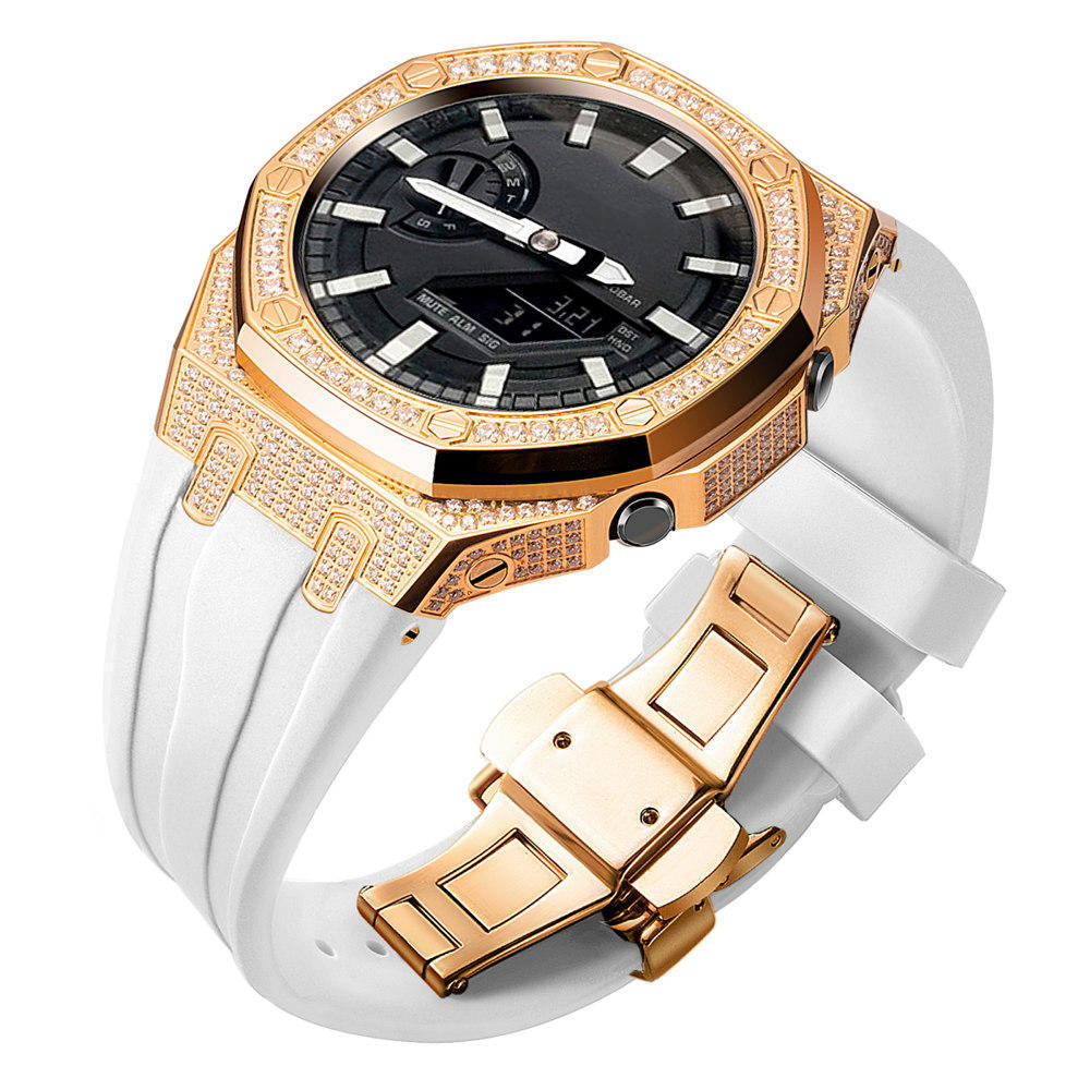Bling Diamond Stainless Steel Case + Rubber Strap AP MOD KIT for G-SHOCK GA-2100