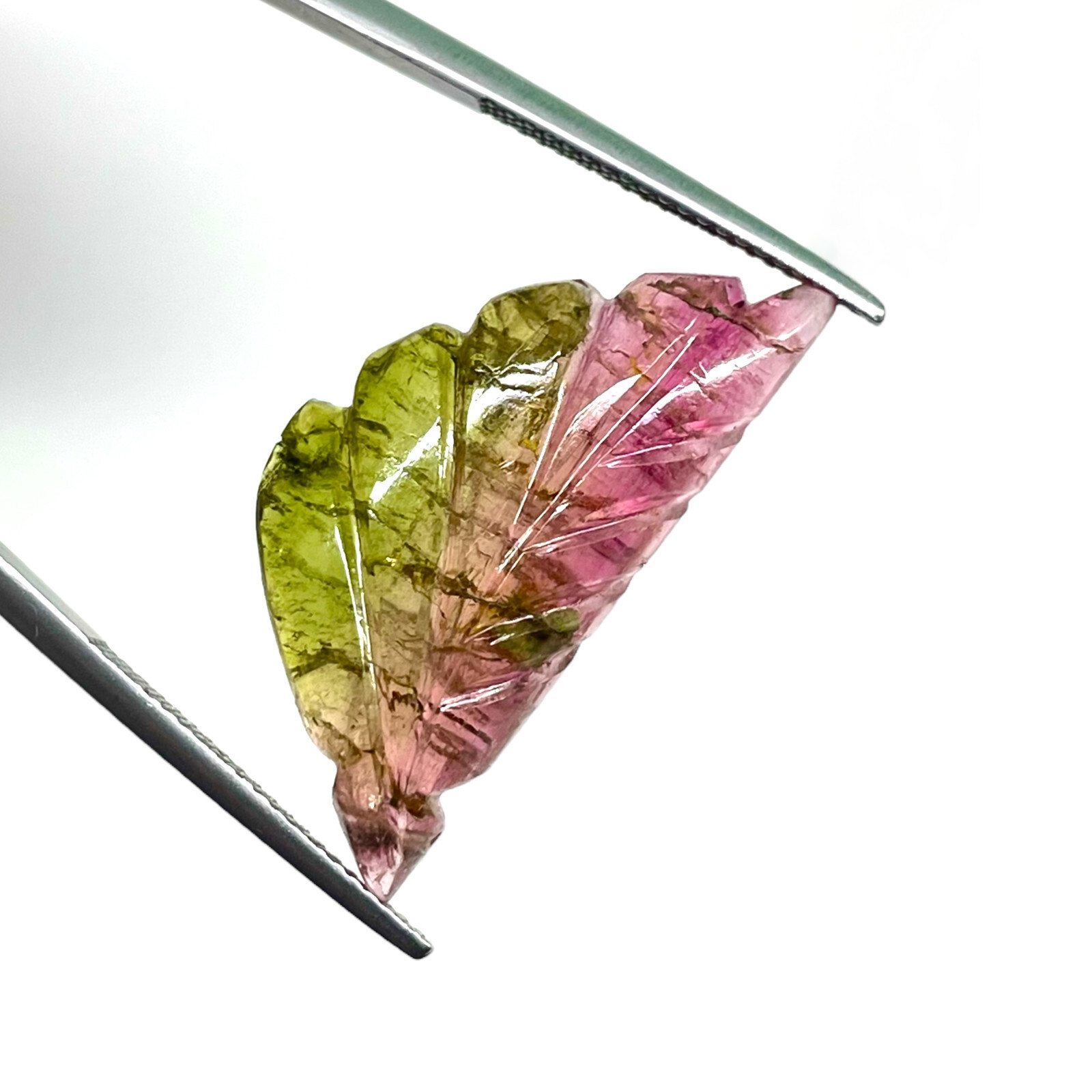 15.2 Cts Bi-Color Carved Natural Tourmaline Leaf Gemstone Pink Green for Jewelry