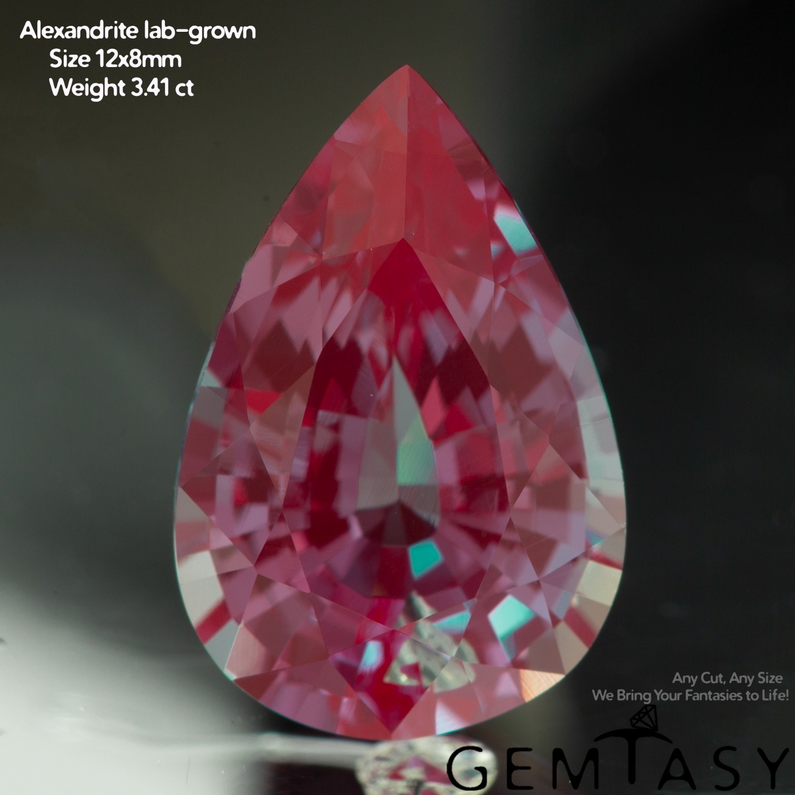 Cut stone – Alexandrite Czochralski (Pulled) lab grown, Pear 12x8mm 3.41-3.94ct