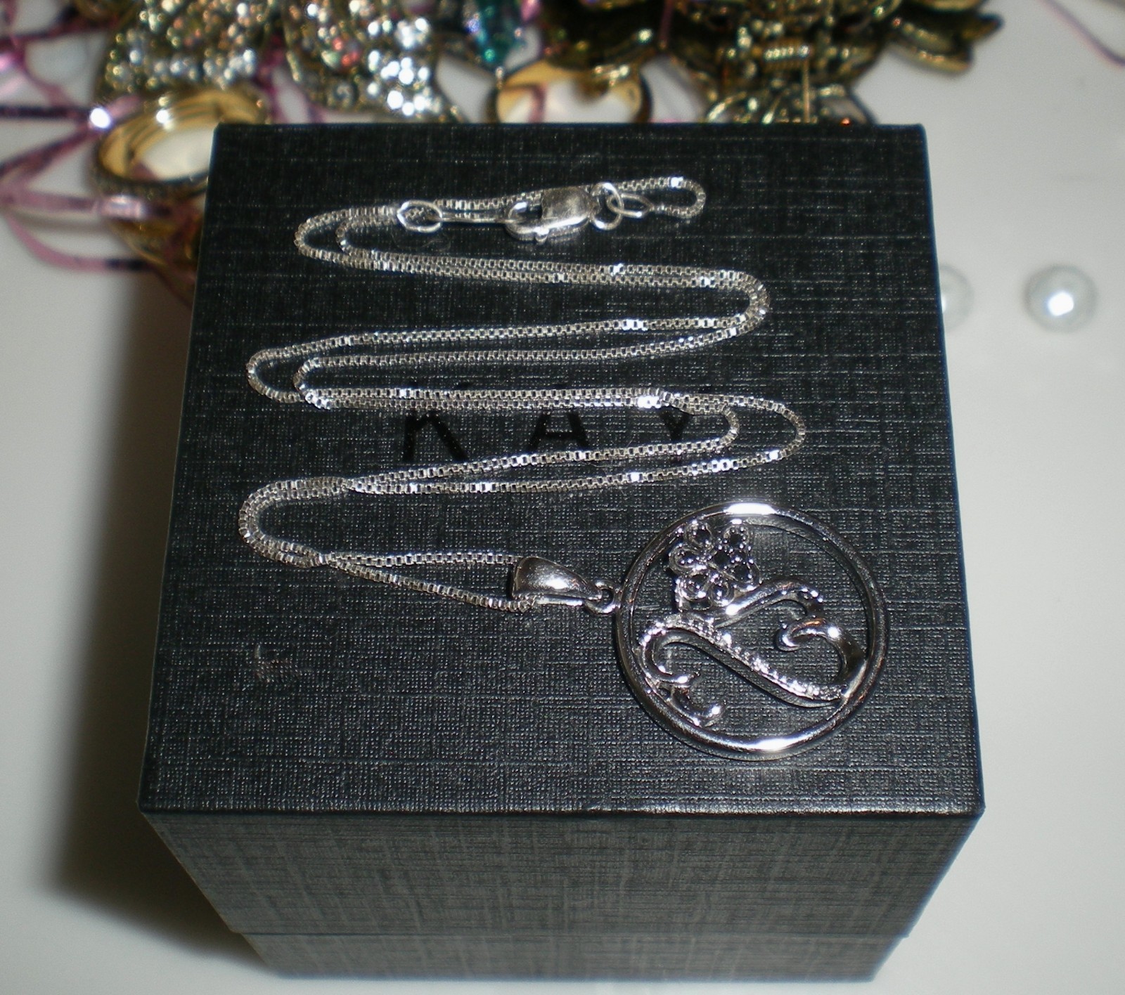 Jane Seymour Open Hearts SS PAW PRINT BLK/WHT Diamond Necklace 🐾 KAY 🐾 RARE!