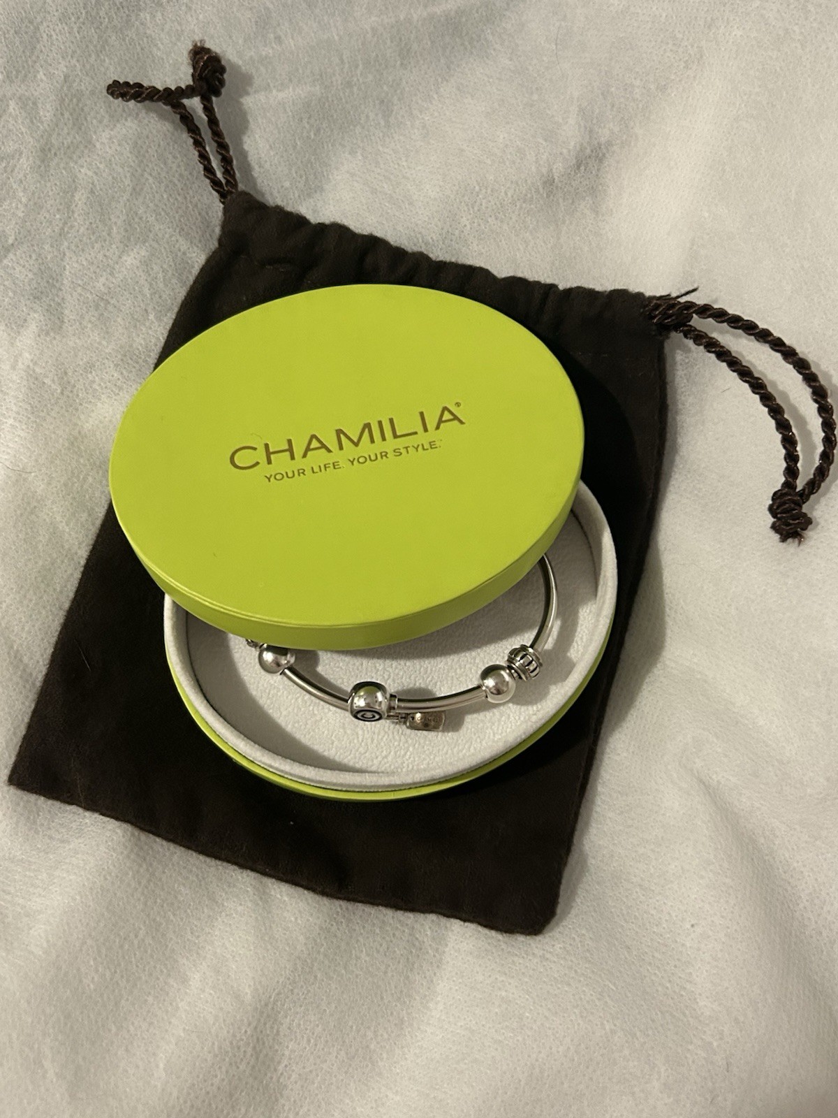 Chamilia 925 sterling silver Charm cuff Bracelet with four end beads and Case