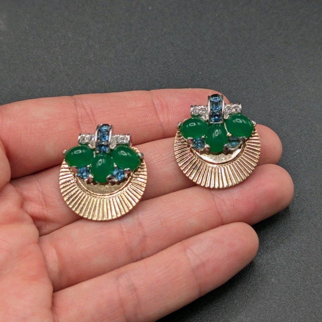 BOUCHER Signed Marcel Green Blue Clear Rhinestone Gold Tone Clip Earrings ⚠️READ