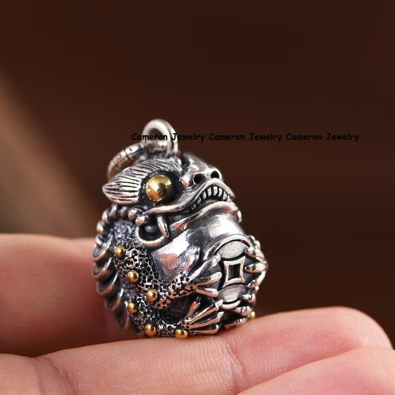 Pure S925 Sterling Silver Vintage Wealth Money Toad Bell Pendant 26-27g 32*22mm