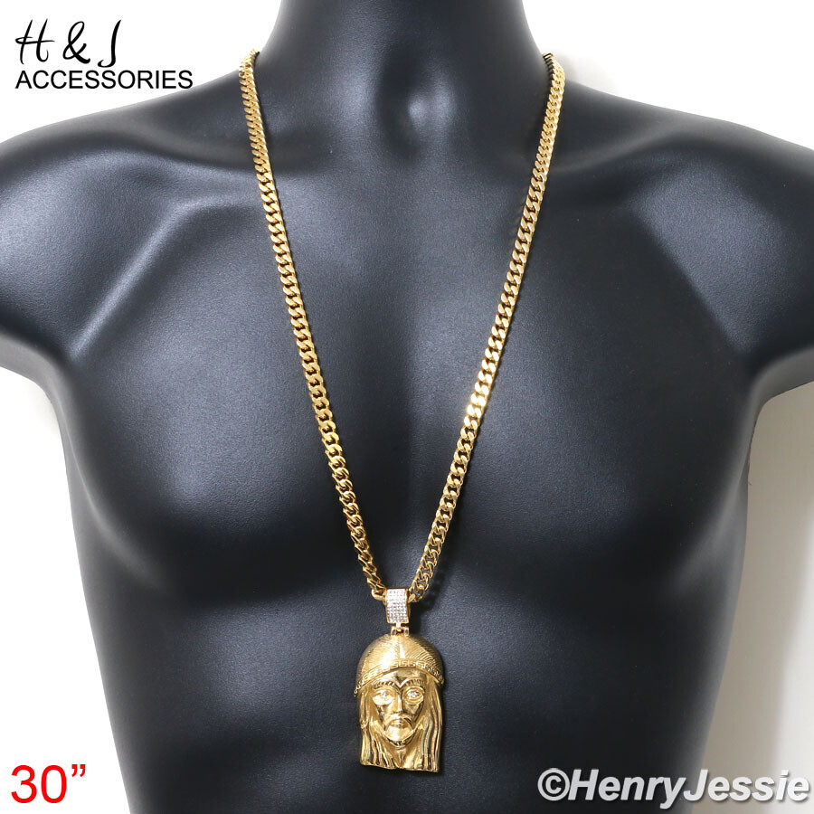 18-40″Stainless Steel 7mm Gold Plated Miami Cuban Chain BIG CZ Jesus Pendant*143