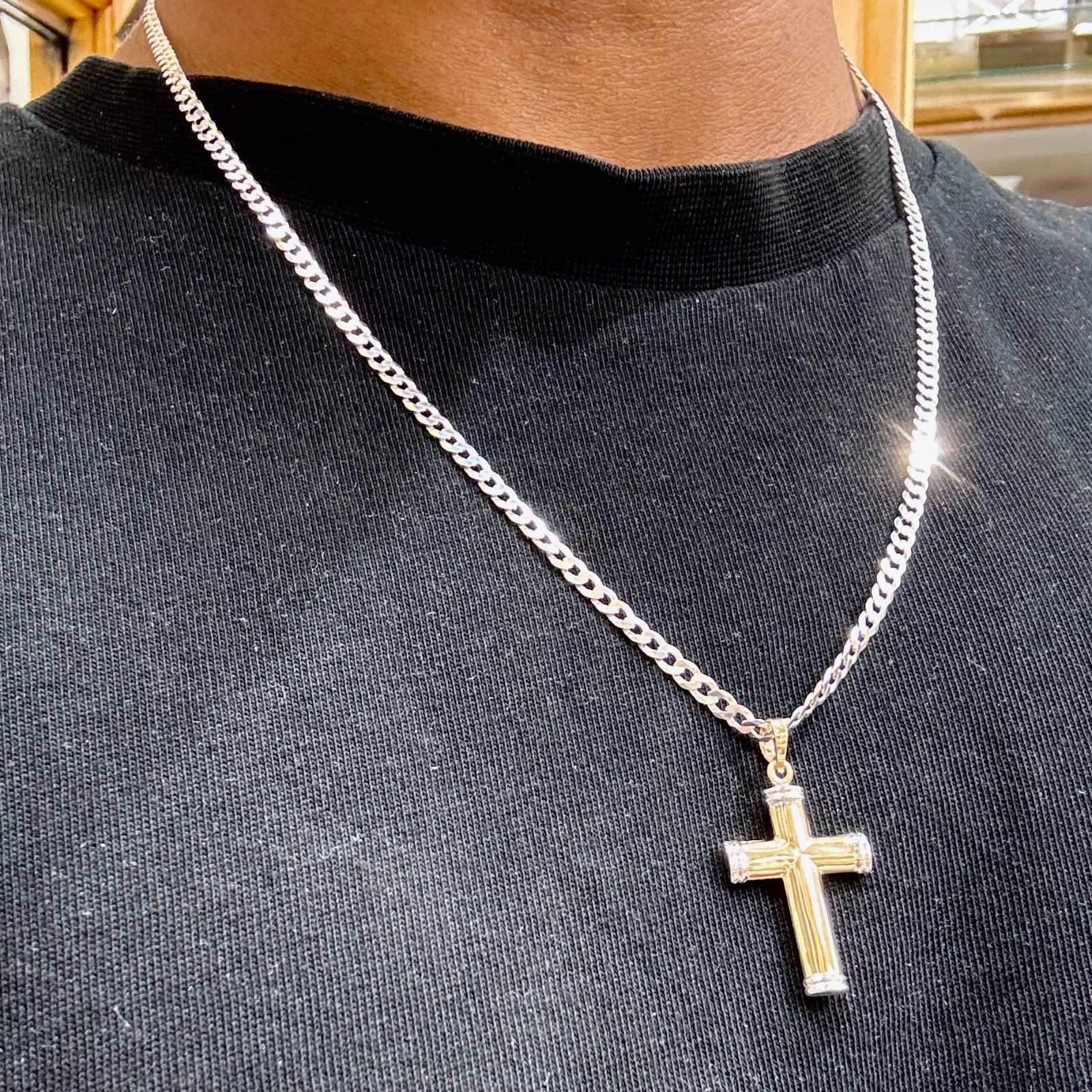 9ct Yellow and White Gold Hollow Tube Plain Cross Pendant Free Shipping