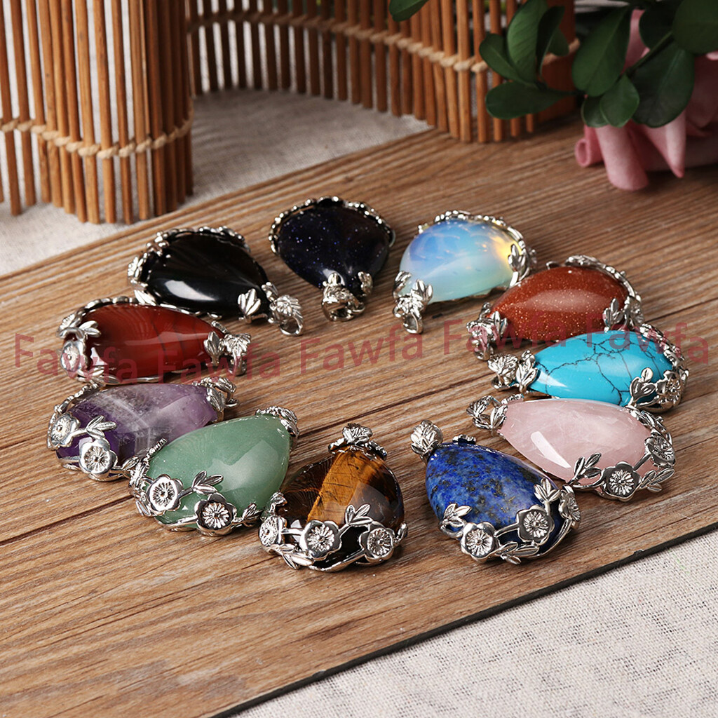 25x35mm Teardrop Gemstone Flowers Pendant Tibet 925 Silver Necklaces + Chain 17′