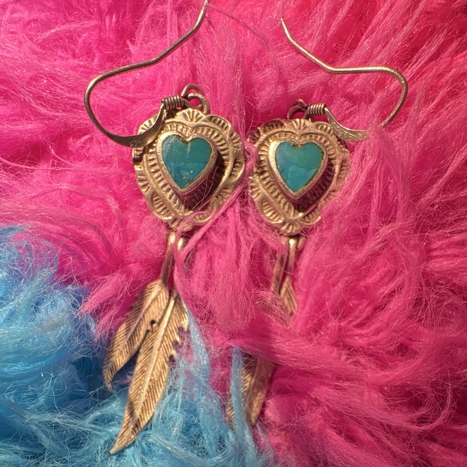 Gold Tone Heart Blue Turquoise Dangle Hook Earrings with Feather Charms