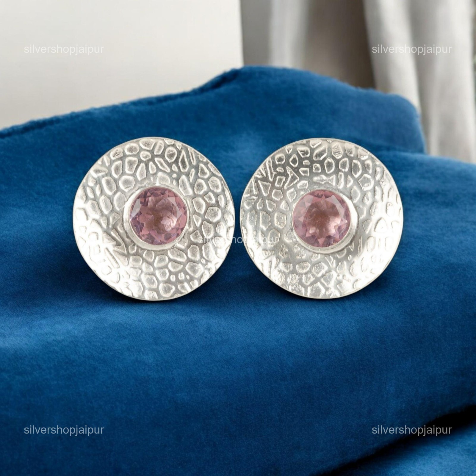 Morganite Gemstone Stud Earrings Sterling Silver Handmade Boho Jewelry 0.89″Gift