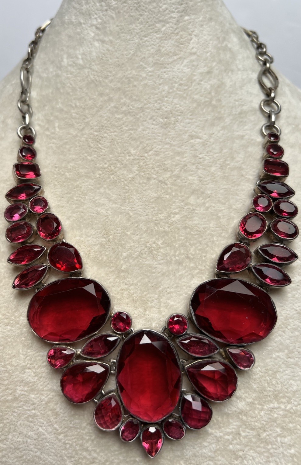Vintage Pinkish Red Glass V Shape Silver Tone & Sterling Necklace 24” Read*