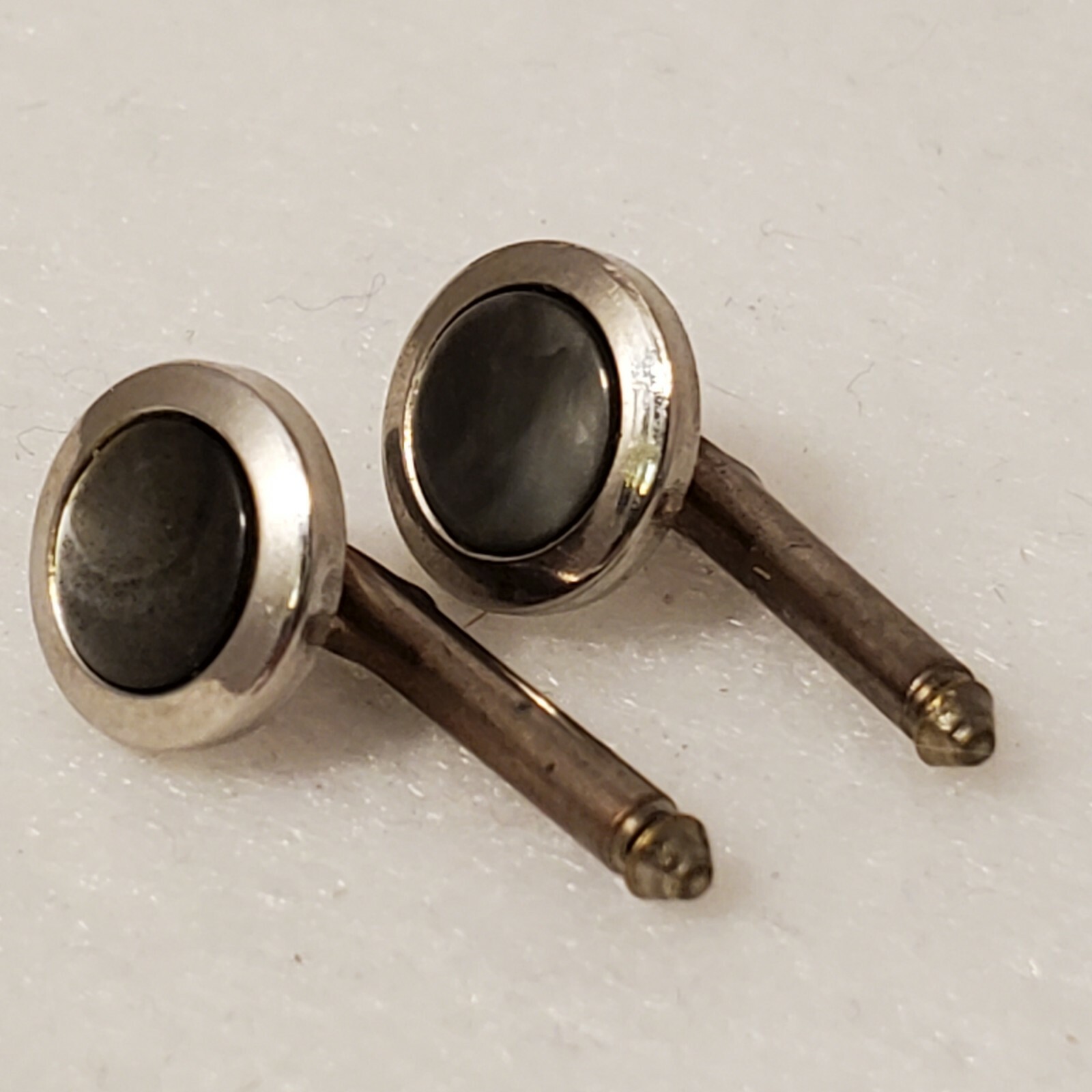 vtg cufflinks round pearlescent stone gray grey pull out pin about 1 inch long
