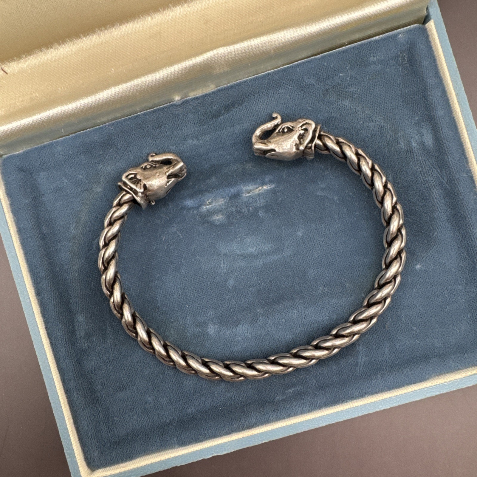 Sterling Silver Elephant Head Cuff Bracelet Open Ended Braided Bangle 39 grams