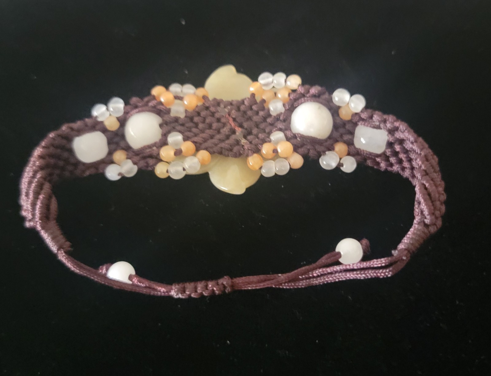 Hand Carved Jadeite Flower Macrame Bracelet Adjustable Bead Gemstone Woven Boho