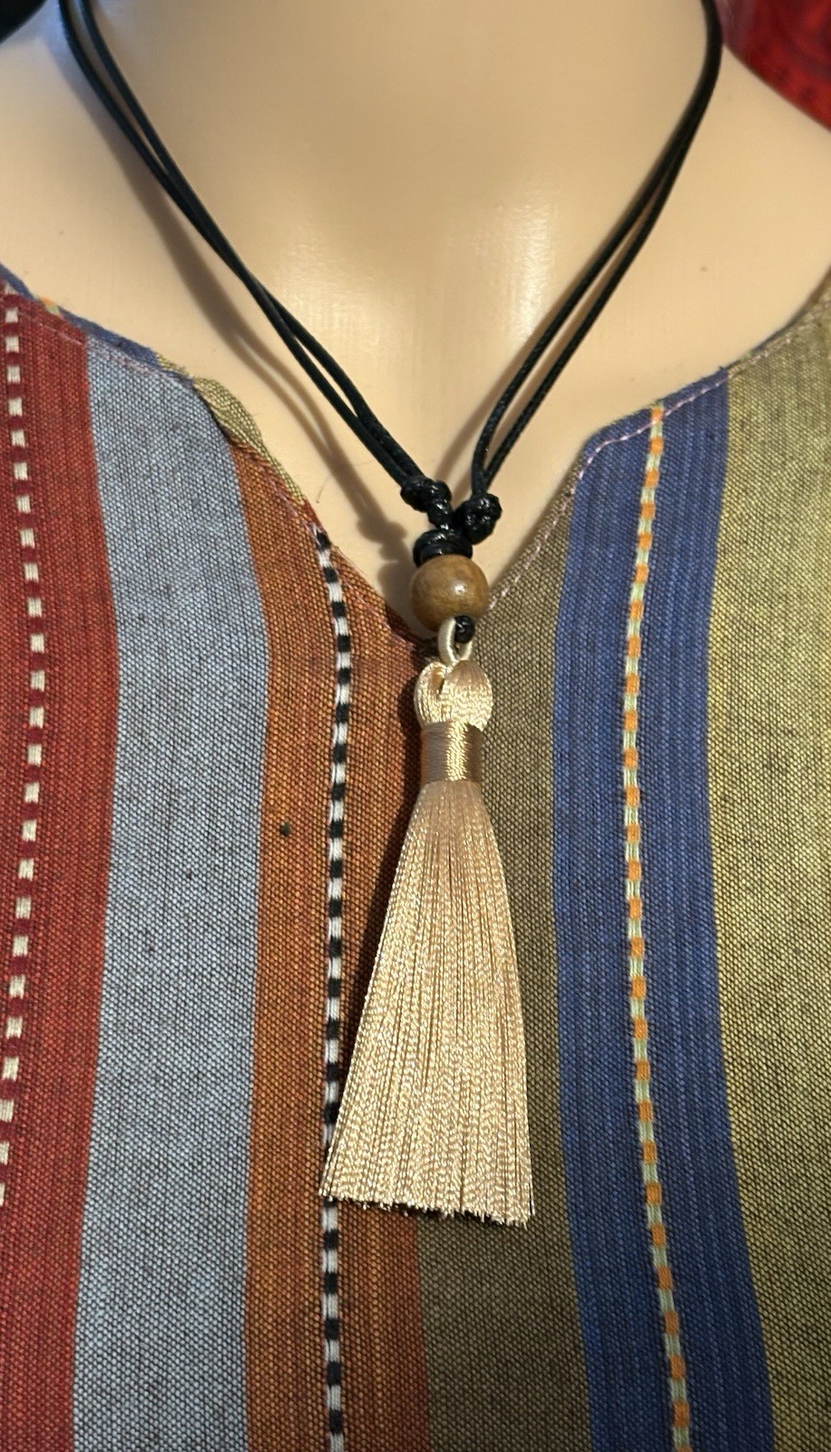 Boho Tassel Pendant Black Cord Necklace Gold Bead Adjustable Slide Closure