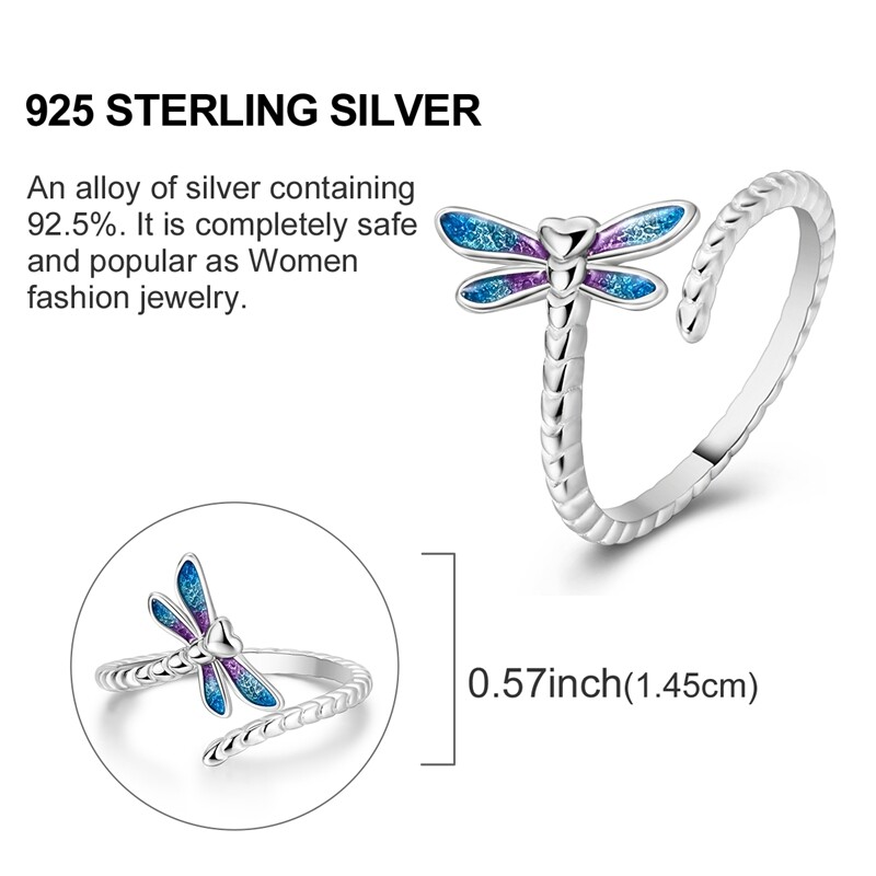 MULA S925 Sterling Silver Open Ring Colorful Enamel Dragonfly For Women Jewelry