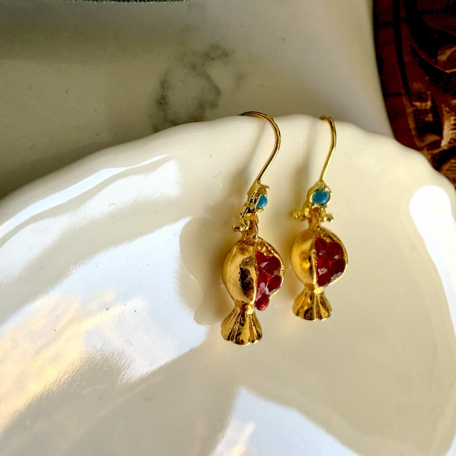 Mini Pomegranate Earrings Red Stone Seeds Blue Stone Gold Fruit Jewelry Gift NEW