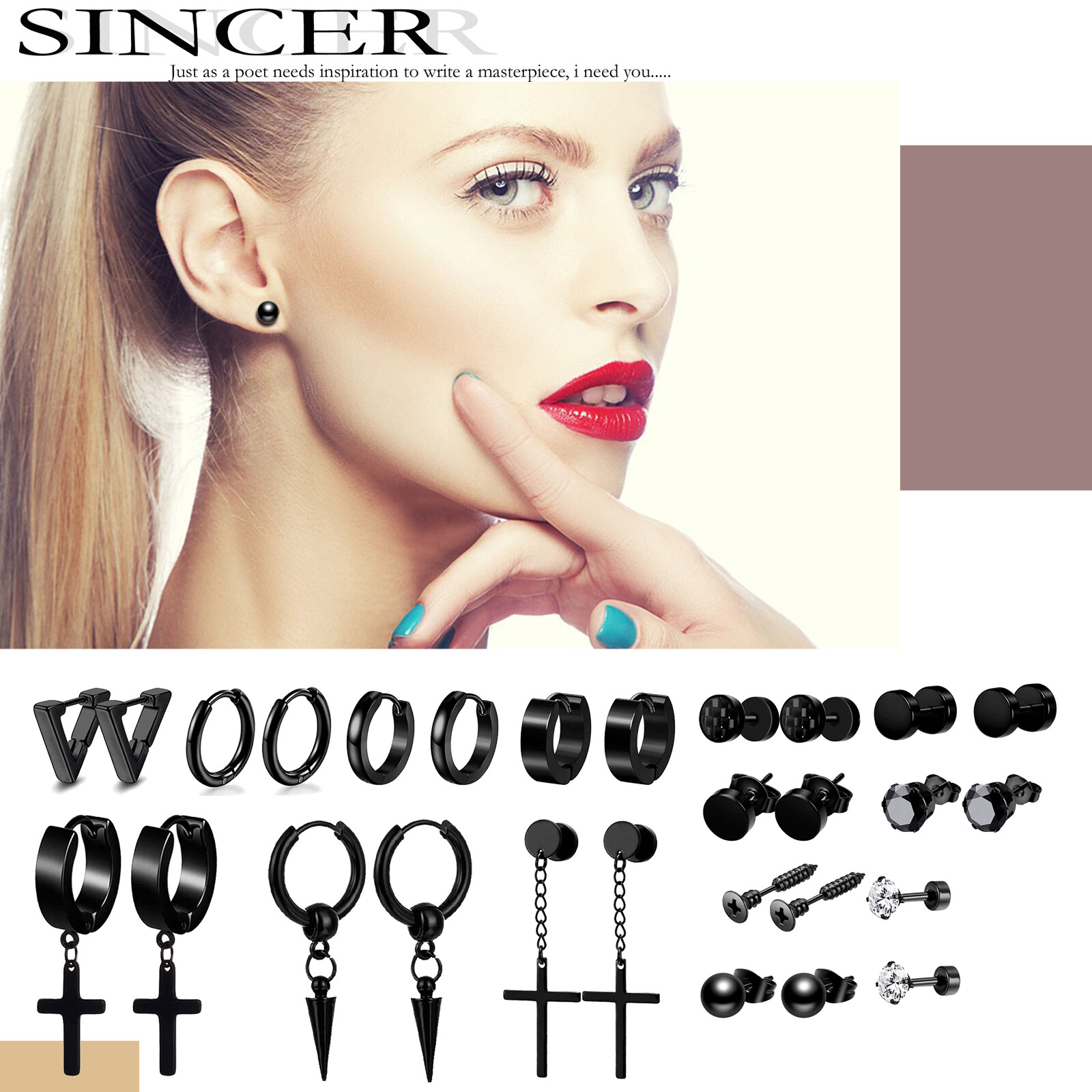 14 pairs Black Stainless Steel Cross Dangle Spike Hoop Earrings Ear Studs Set