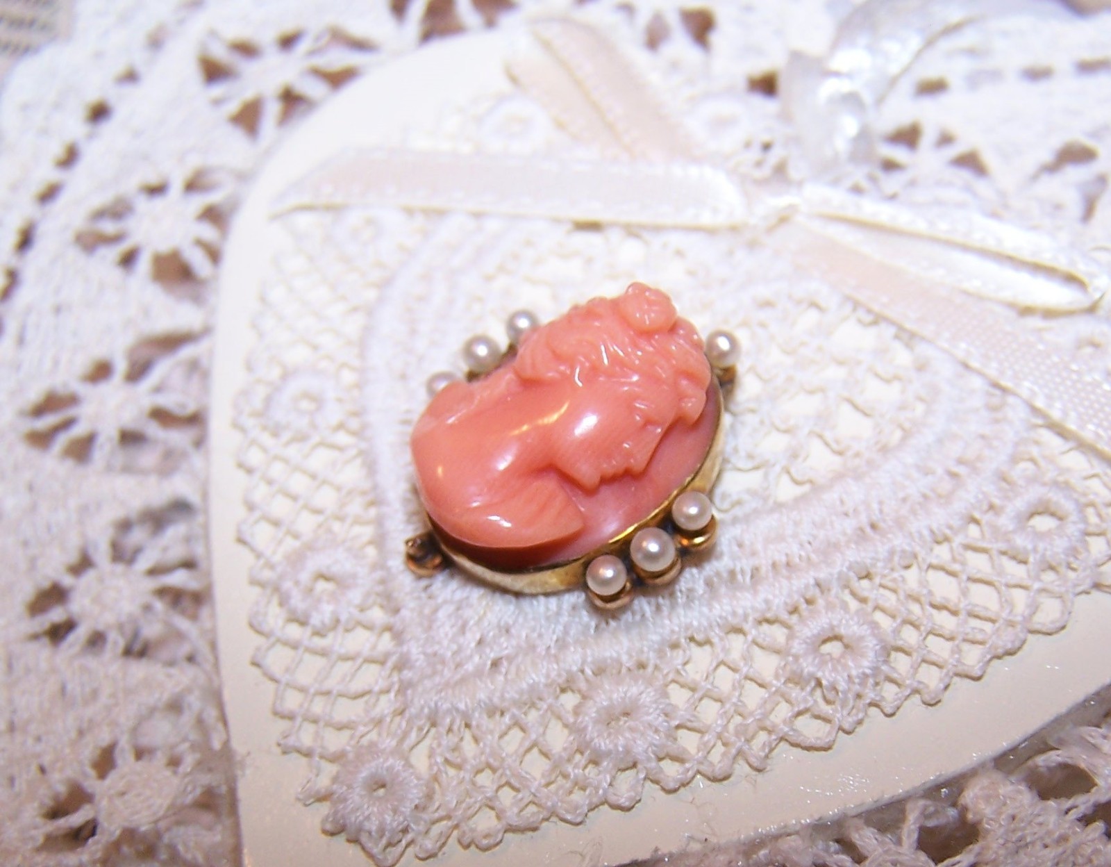 Antique 14K Yellow Gold Coral Cameo Pearl Stick Pin Head 4 Repurposing 2.29 Gr